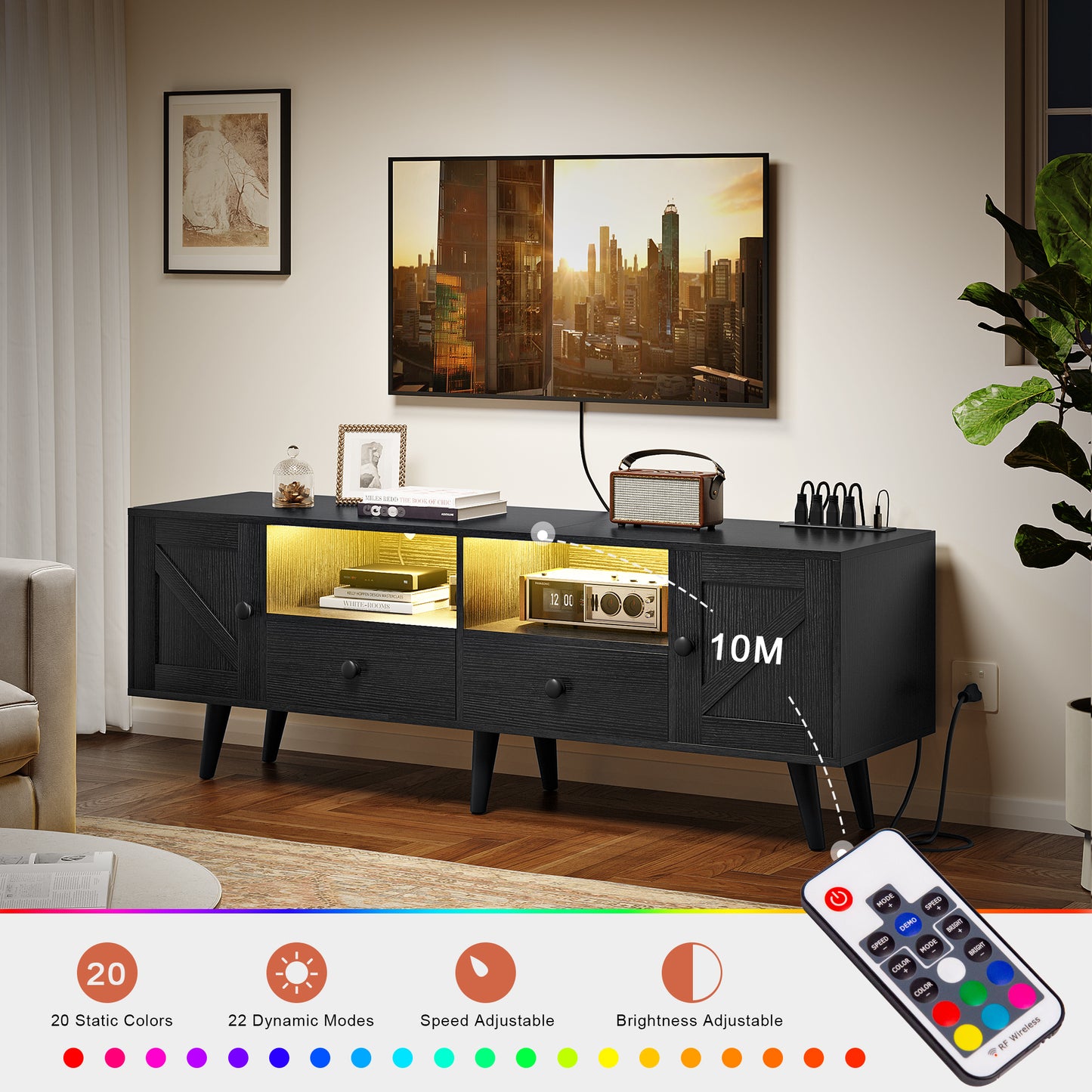 WOWLIVE 59"&70" LED Wood TV Stand with Power Outlets, Modern Entertainment Center for TVs