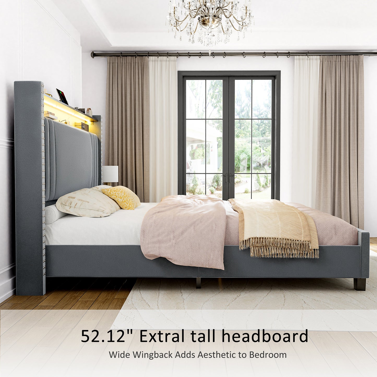 WOWLIVE Upholstered Wingback Bed with 52.12" High Storage Headboard, Modern Upholstered Bed Frame with Outlet & LED Light