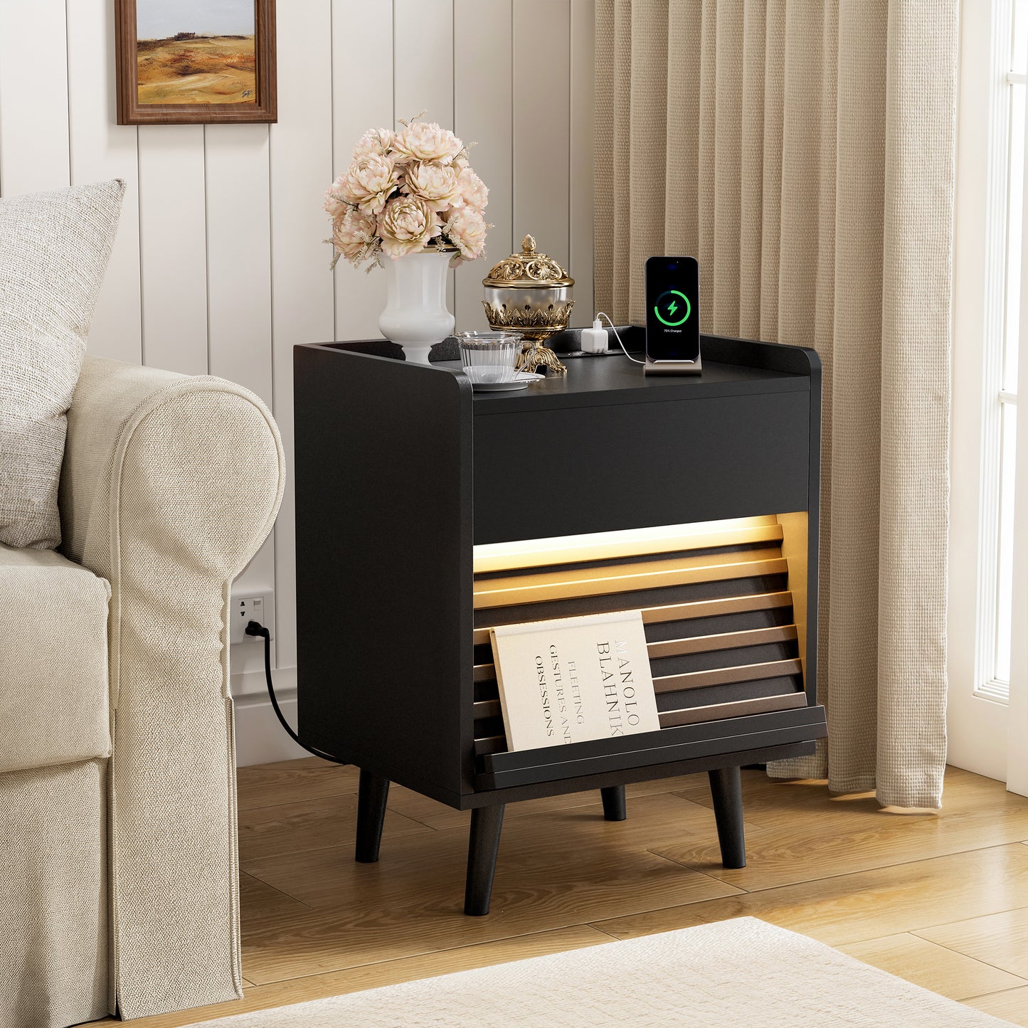 WOWLIVE Wooden Nightstand with 2 Drawers, Modern Bedside Table with Outlets & LED Lights, File Cabinet