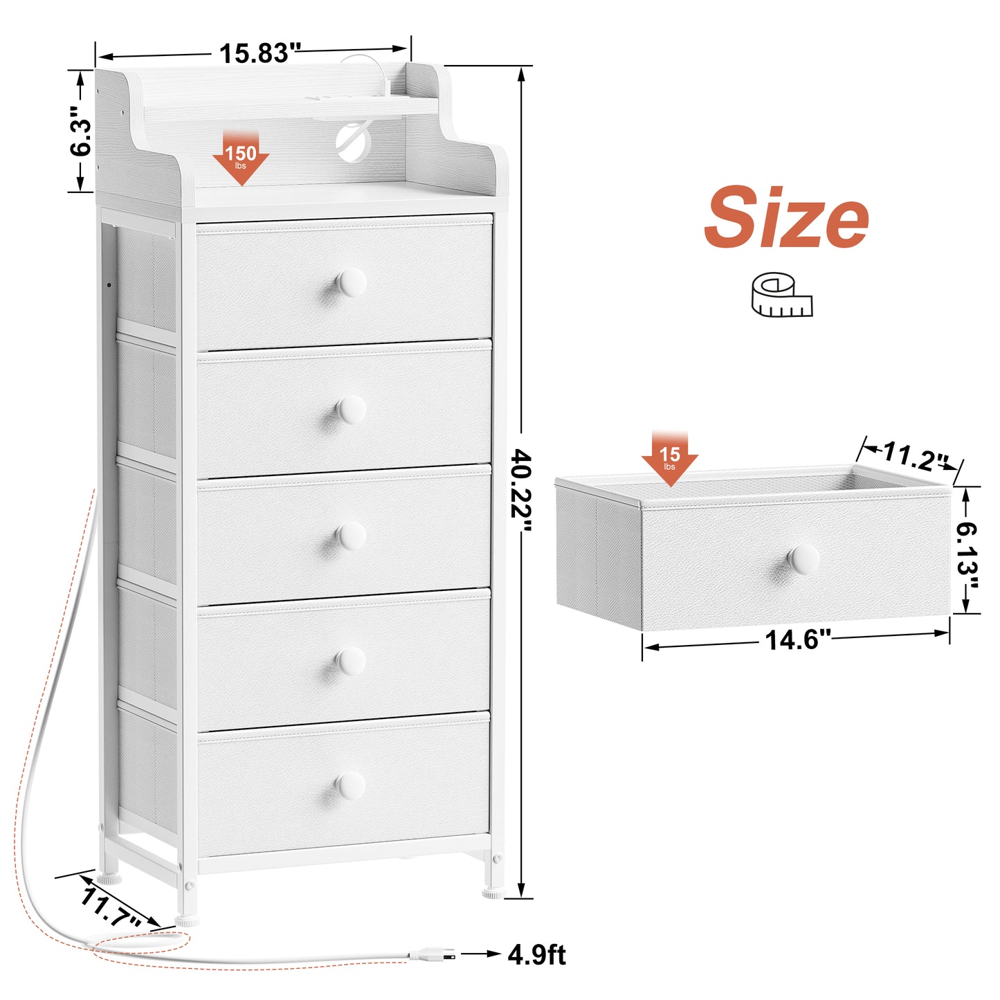WOWLIVE 5 - Drawer Dresser With 2-Tier Open Shelf, Dresser With Power Outlet & LED, 40.2"H Dresser For Bedroom