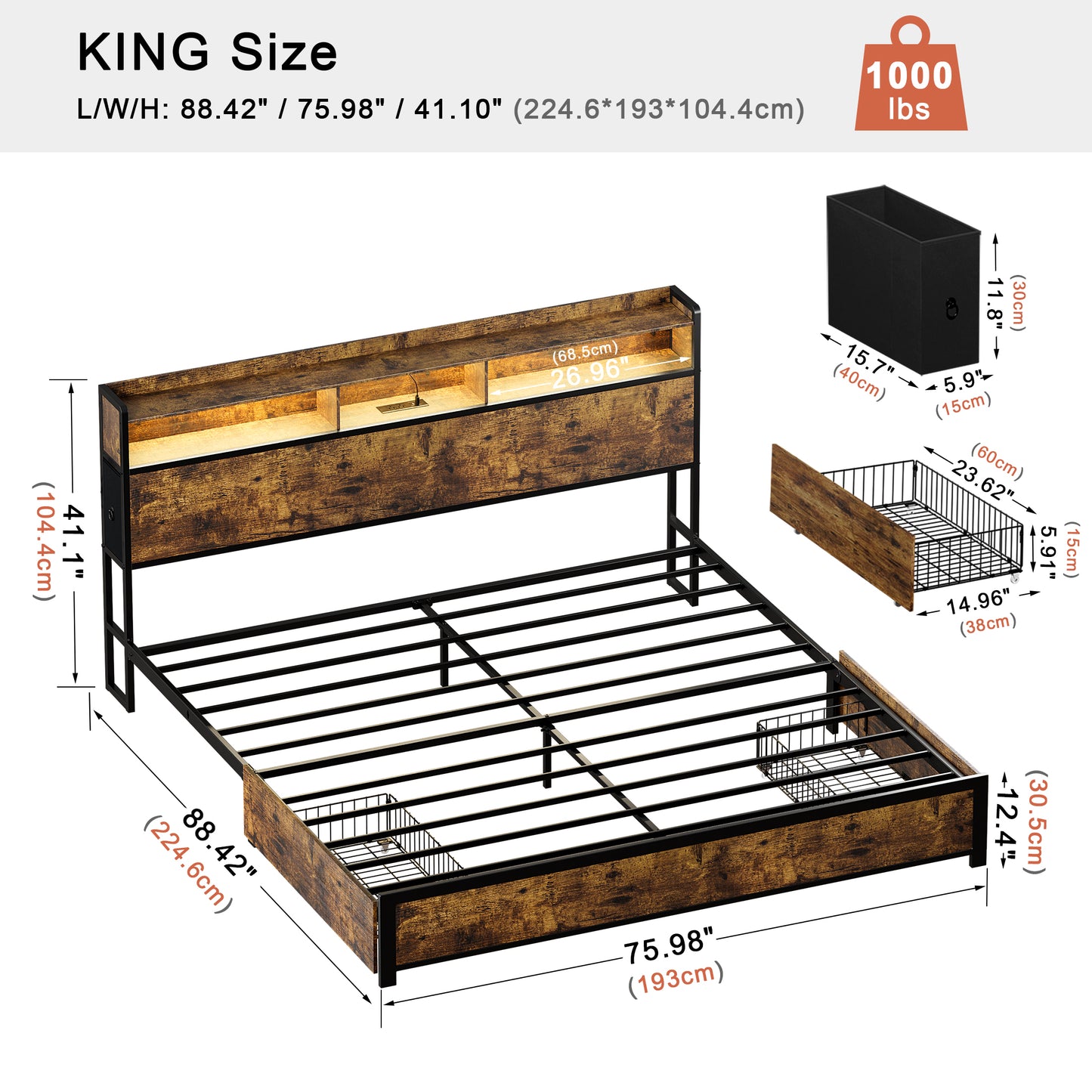 WOWLIVE Bed Frame with 2 Underbed Drawers & 2 Bedside Drawers, Modern Bed with Charging Station & LED Light