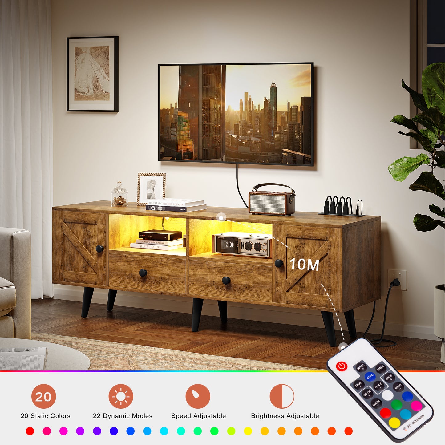 WOWLIVE 59"&70" LED Wood TV Stand with Power Outlets, Modern Entertainment Center for TVs