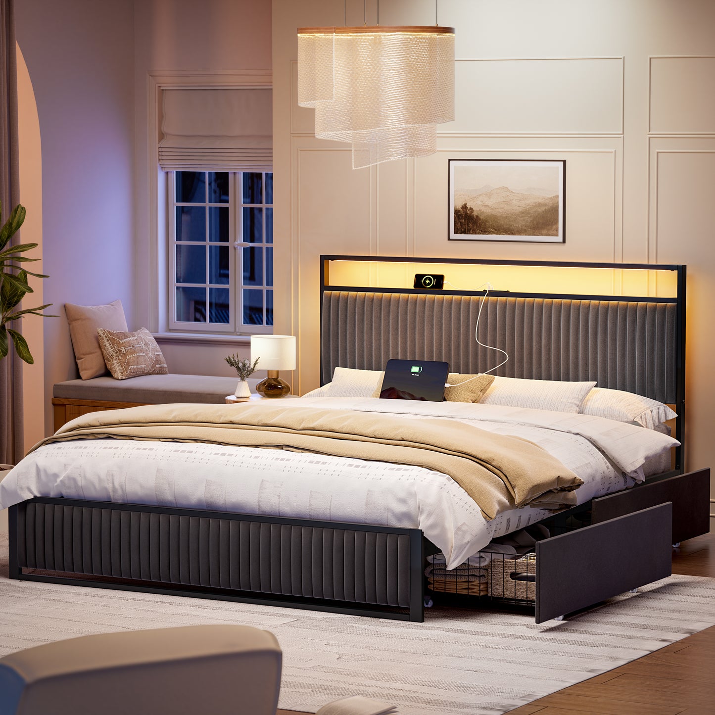 WOWLIVE Upholstered Bed with 2 Storage Drawers, Modern Bed Frame with Charging Station & LED Light, No Spring Box Needed