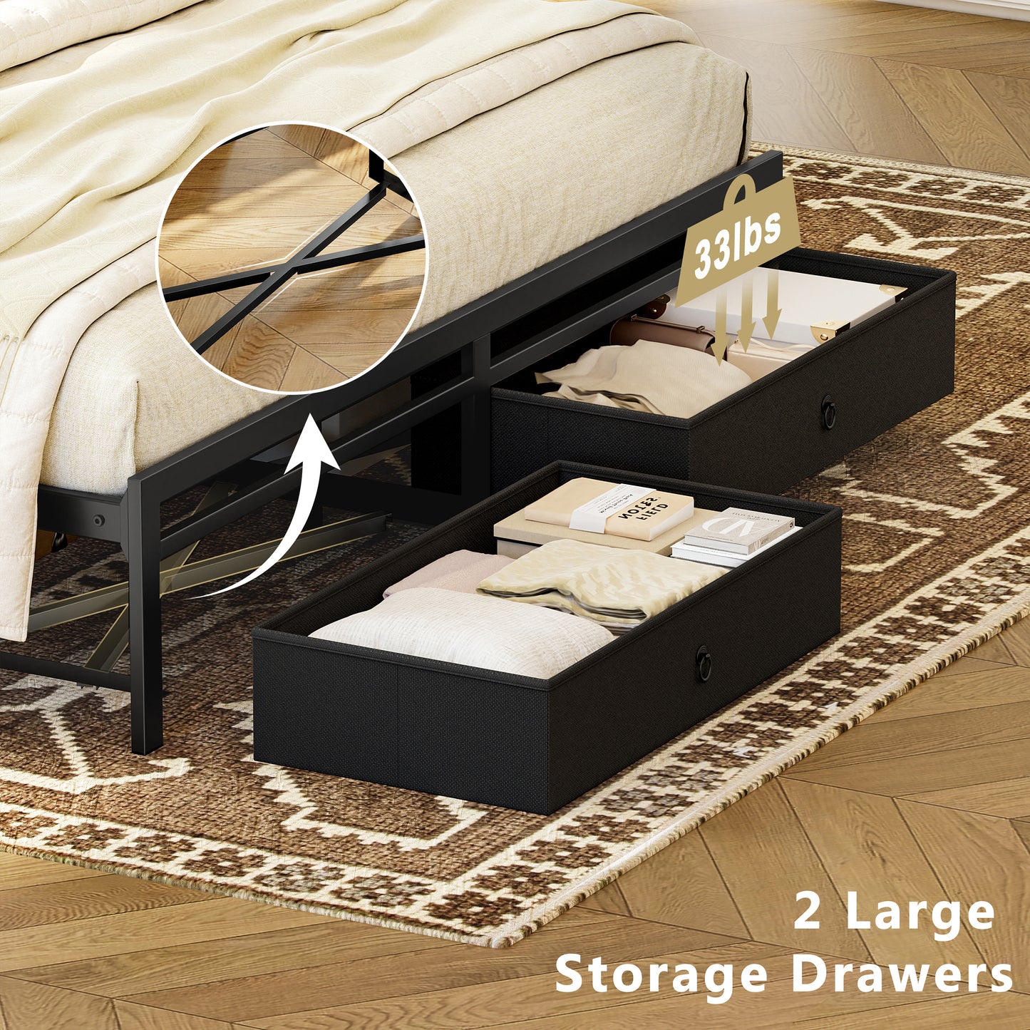 WOWLIVE Bed Frame with 2 Bedside Drawers & 2 Underbed Drawers, Storage Bed with Outlet & Open Shelf