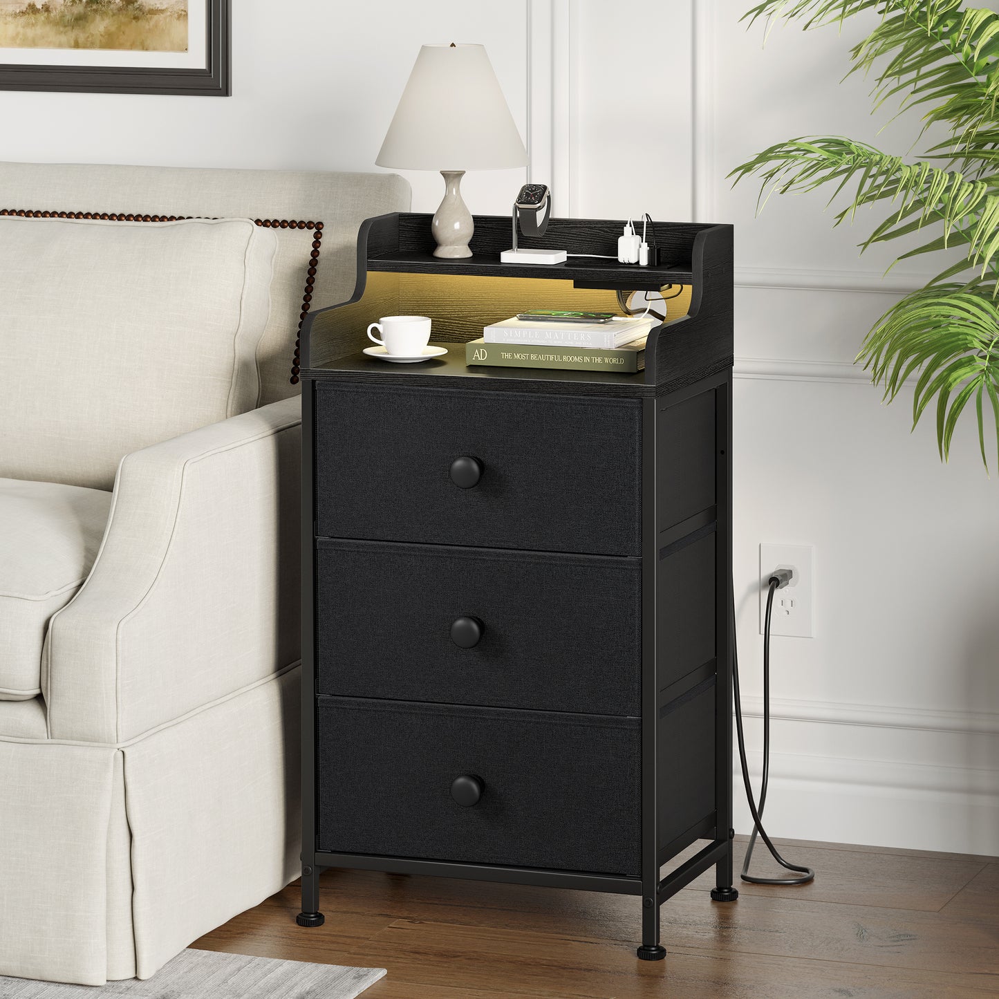 WOWLIVE Nightstand With 3 Drawers & 2-Tier Open Shelf, Bedside Table With LED& 2 USB Ports, Stable Metal Frame