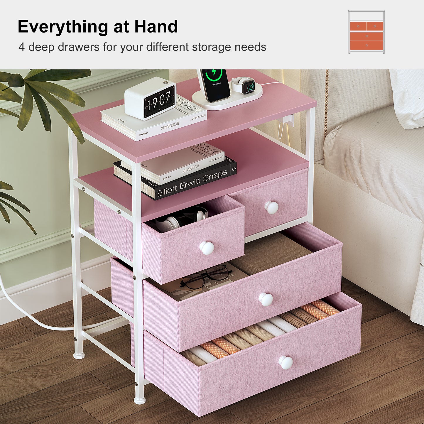 WOWLIVE Nightstand with 4 Drawers & Outlet, Bedside Table with LED Lights & 2-Tier wooden Shelf