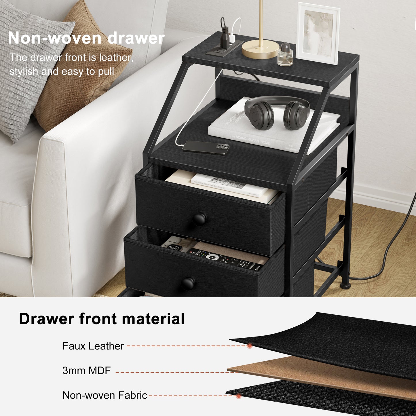 WOWLIVE Nightstands with 3 Drawers & Outlets, Bedside Tables with 2 USB Ports & 2-Tier Open Shelf