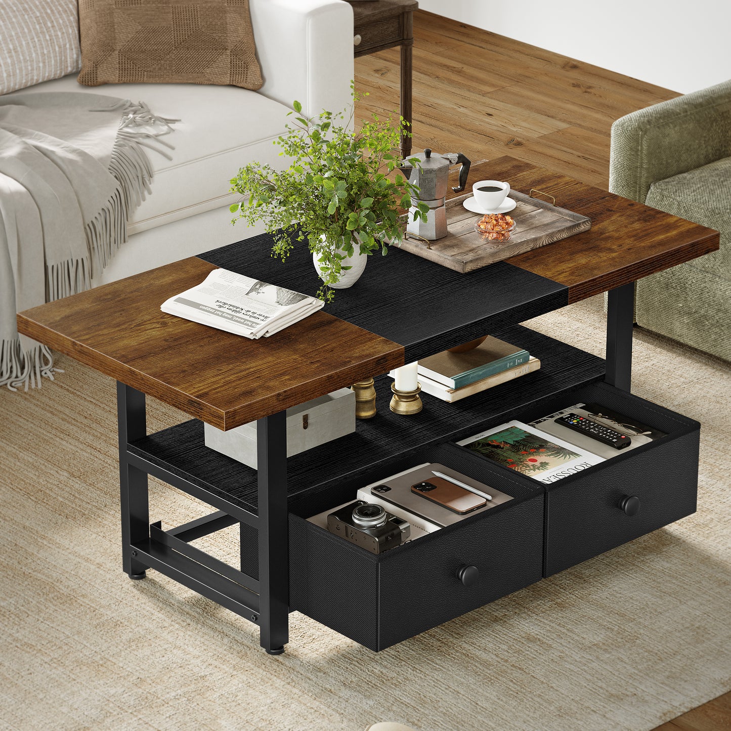WOWLIVE Farmhouse Wood Coffee Table, Small Cocktail Table with 2 Drawers