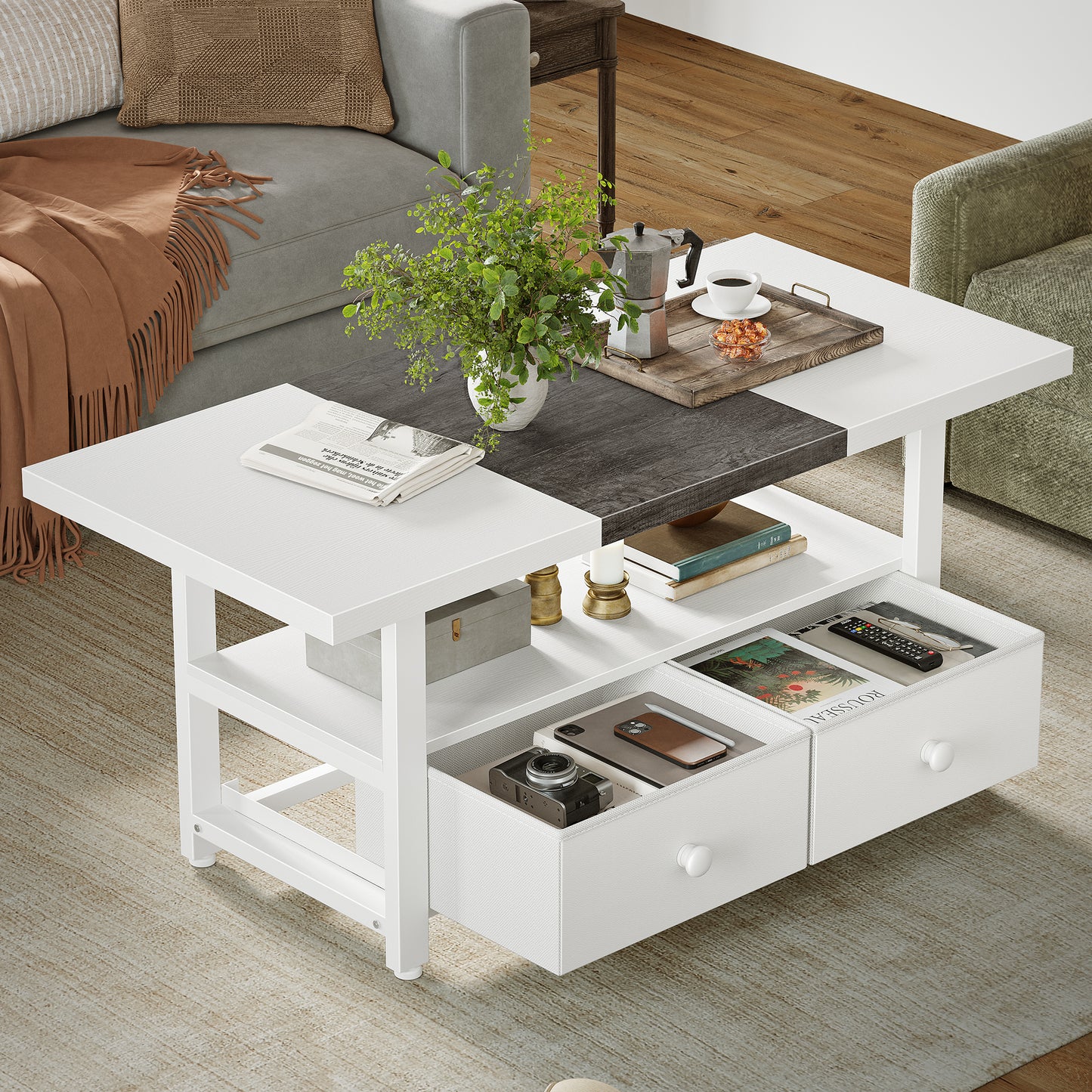 WOWLIVE Farmhouse Wood Coffee Table, Small Cocktail Table with 2 Drawers
