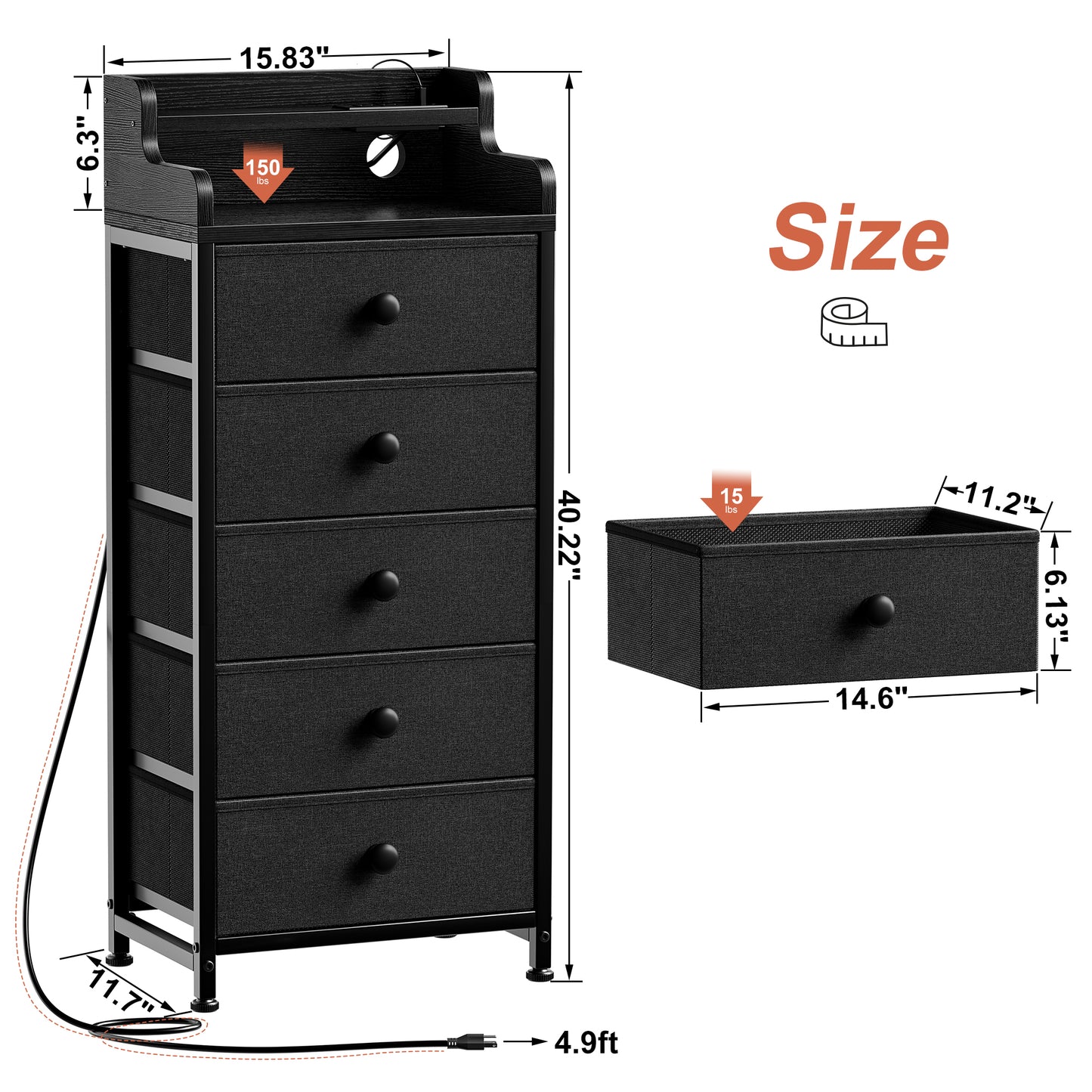 WOWLIVE 5 - Drawer Dresser With 2-Tier Open Shelf, Dresser With Power Outlet & LED, 40.2"H Dresser For Bedroom