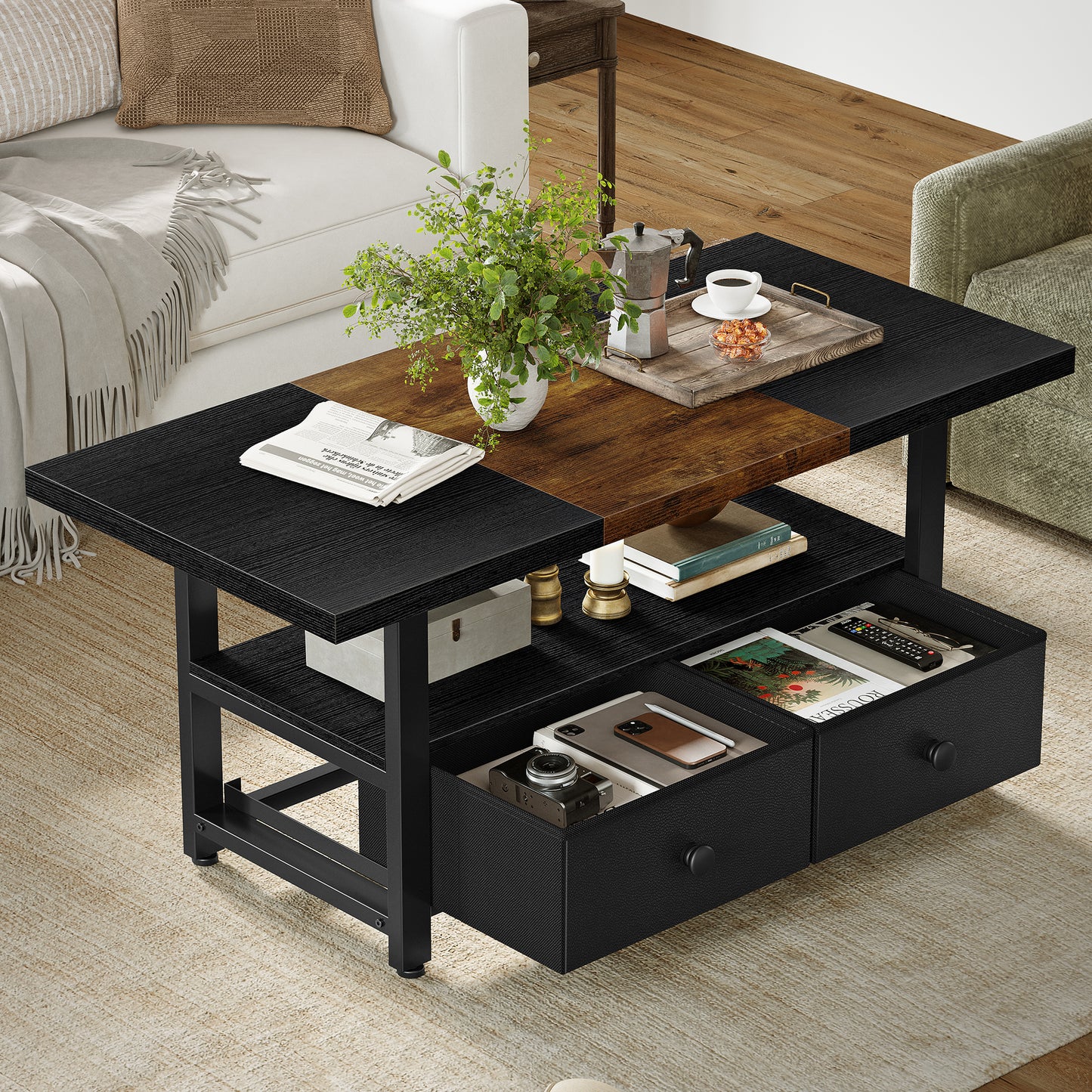 WOWLIVE Farmhouse Wood Coffee Table, Small Cocktail Table with 2 Drawers