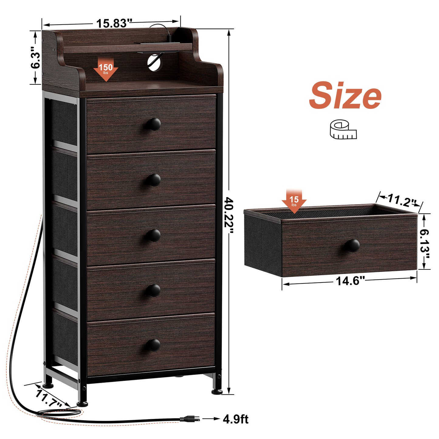 WOWLIVE 5 - Drawer Dresser With 2-Tier Open Shelf, Dresser With Power Outlet & LED, 40.2"H Dresser For Bedroom