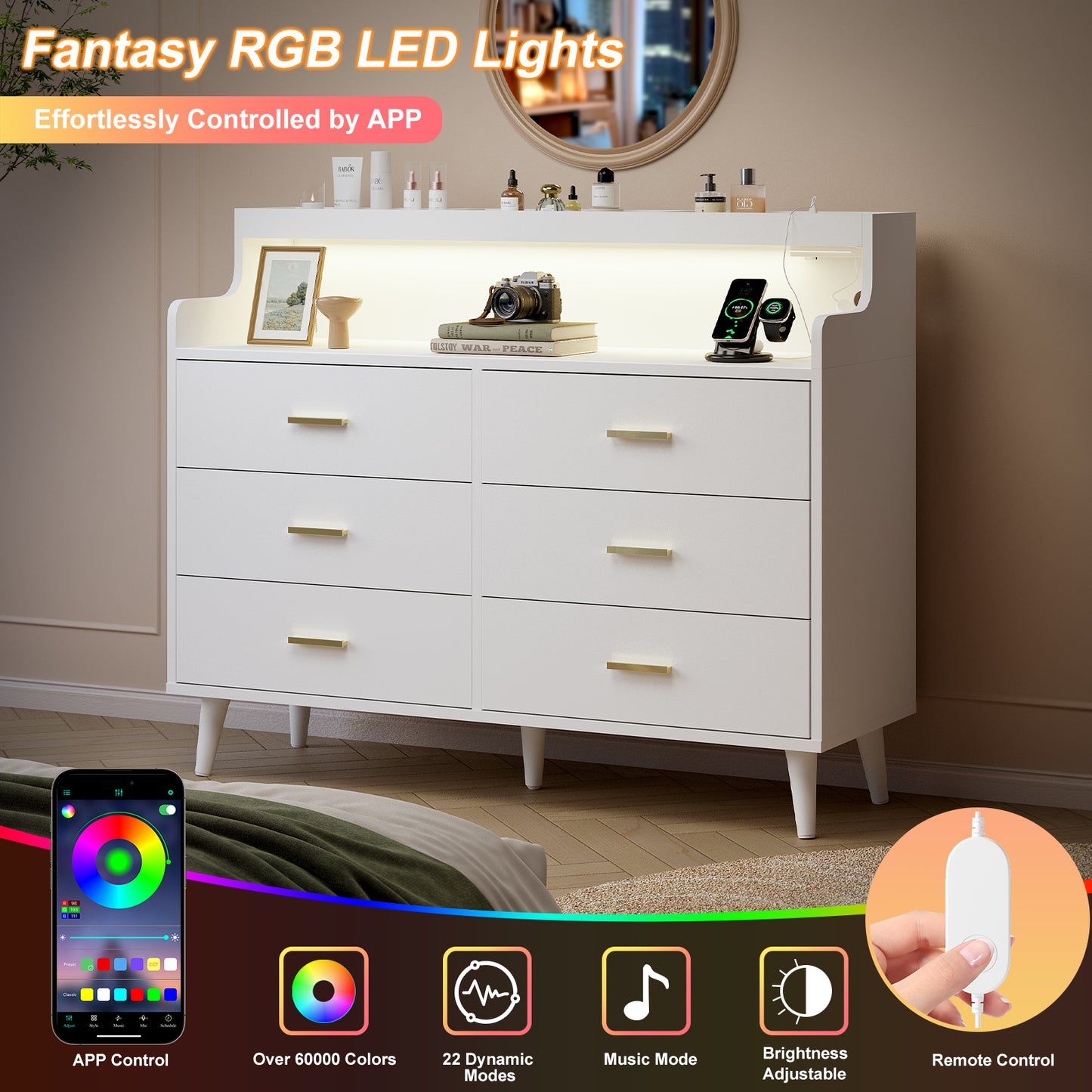 WOWLIVE 6 Drawer Dresser with 2-Tier Open Shelf, Wooden Dresser with Power Outlet & LED Lights, Chest of Drawers Dresser for Bedroom