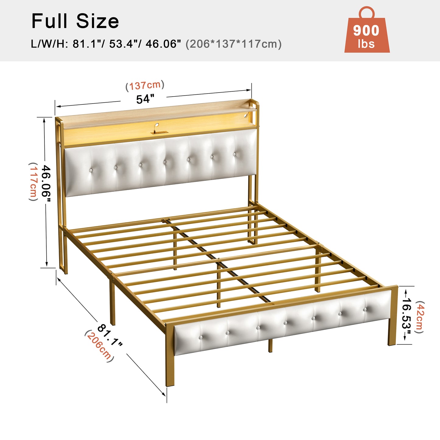 WOWLIVE Bed Frame with Storage Headboard, Metal Platform Bed Frame, Storage Bed with Charging Station and LED Light