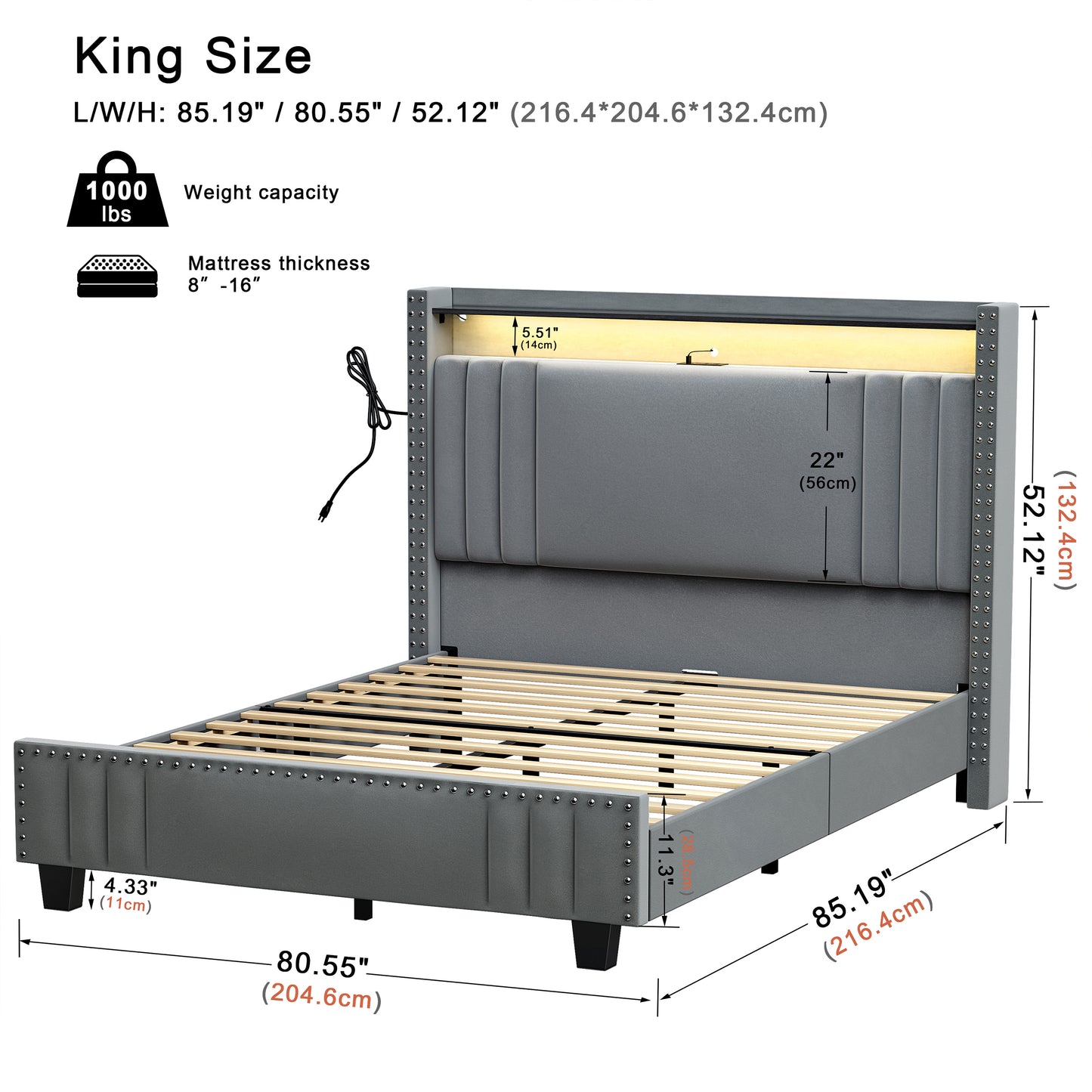 WOWLIVE Upholstered Wingback Bed with 52.12" High Storage Headboard, Modern Upholstered Bed Frame with Outlet & LED Light