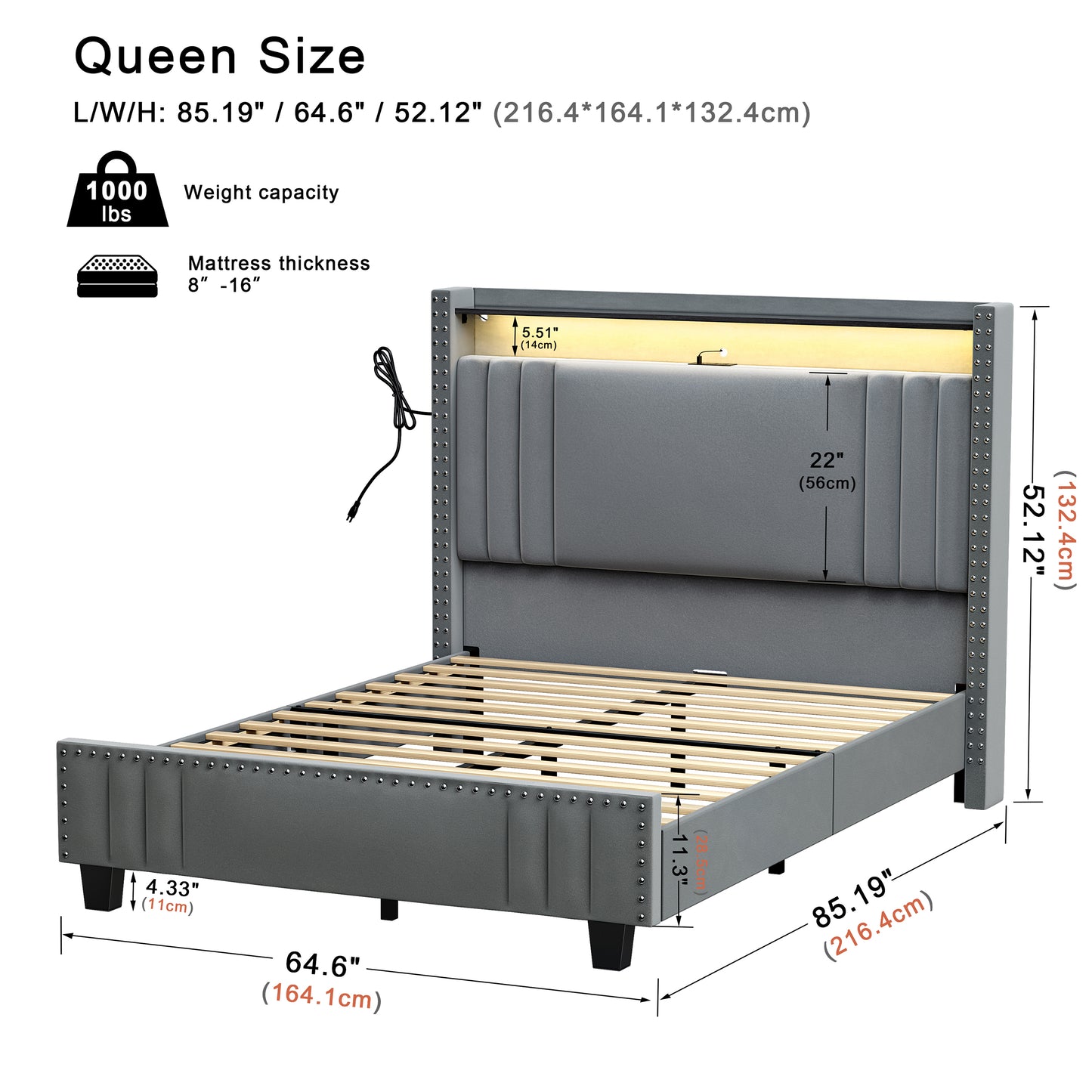WOWLIVE Upholstered Wingback Bed with 52.12" High Storage Headboard, Modern Upholstered Bed Frame with Outlet & LED Light