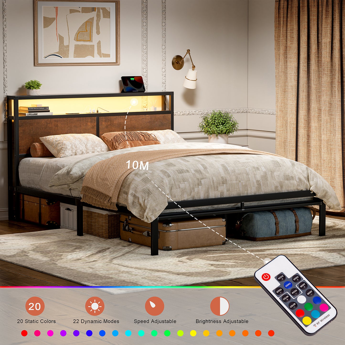 WOWLIVE Bed Frame with LED Light and Charging Station, Metal Frame with Storage Headboard, Large Storage Space, No Spring Box Needed