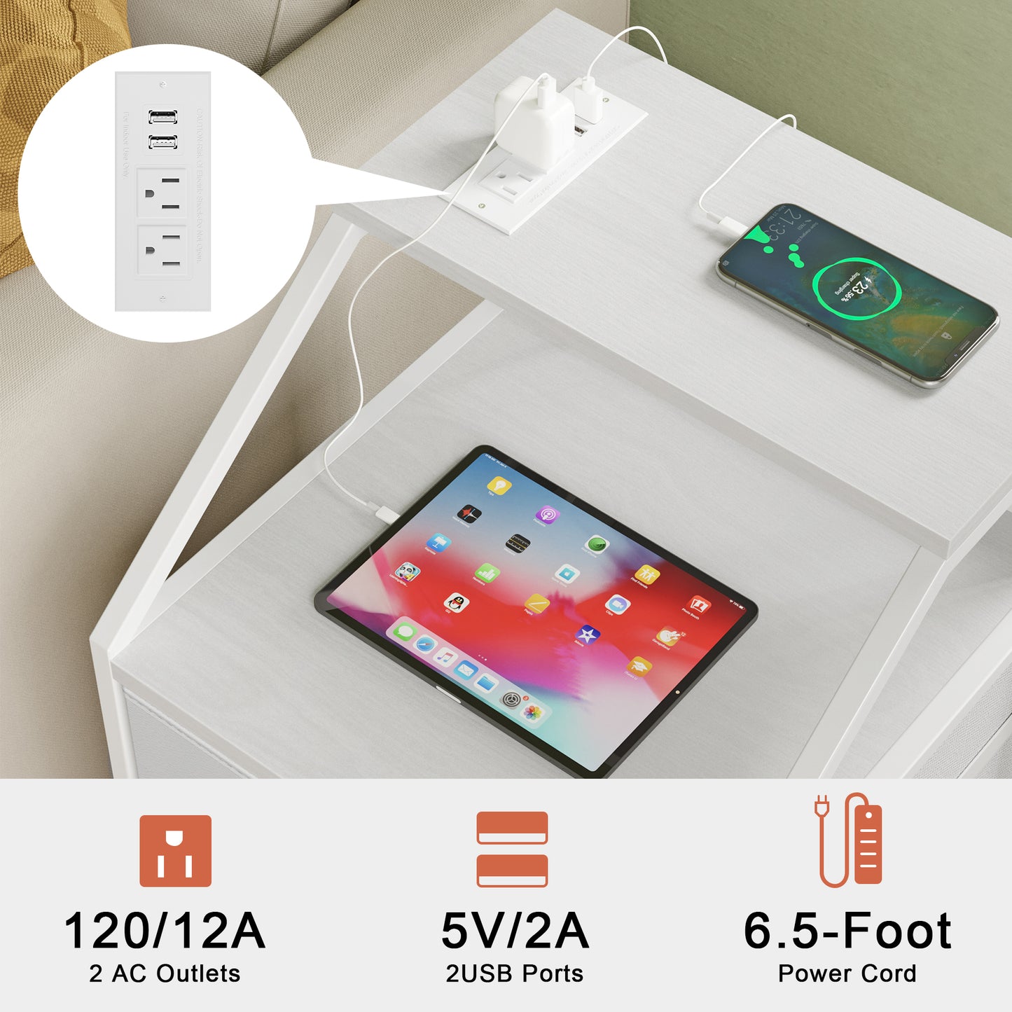 WOWLIVE Nightstands with 3 Drawers & Outlets, Bedside Tables with 2 USB Ports & 2-Tier Open Shelf