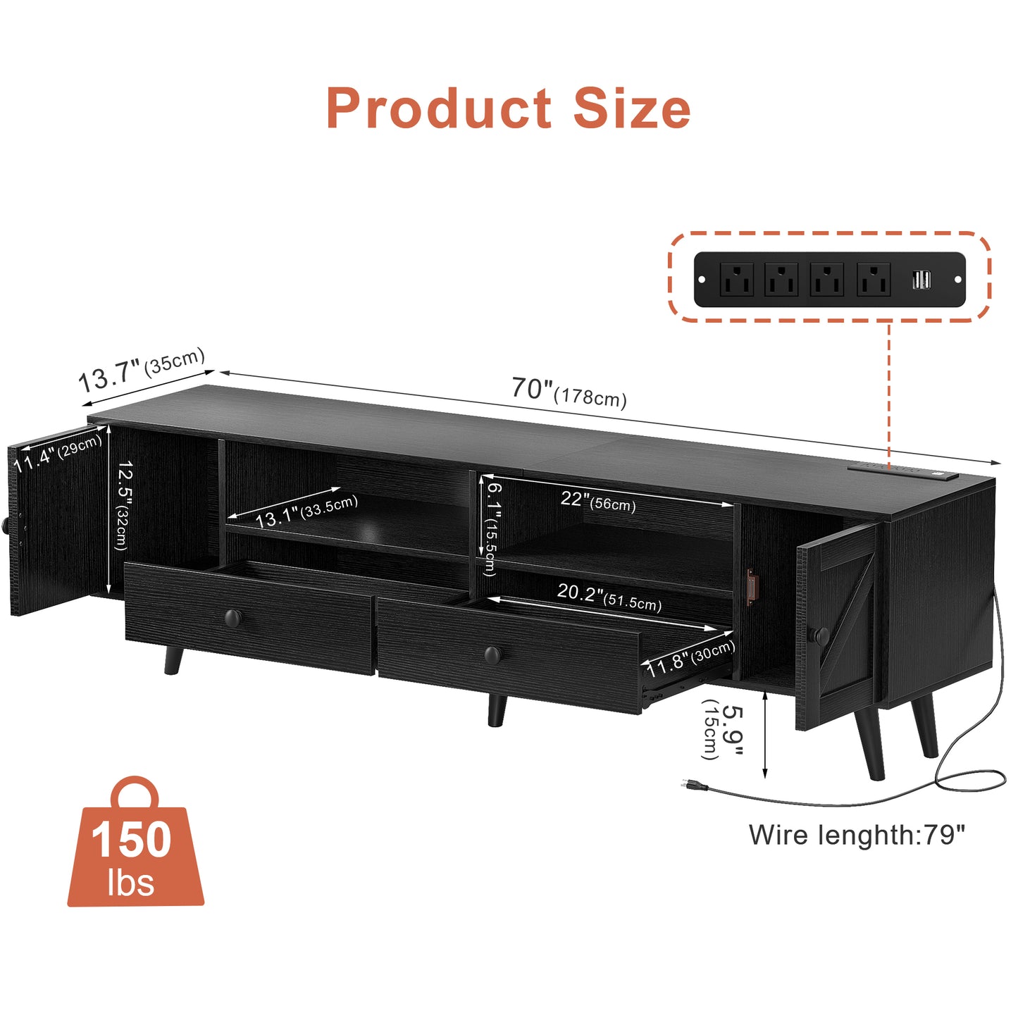 WOWLIVE 59"&70" LED Wood TV Stand with Power Outlets, Modern Entertainment Center for TVs