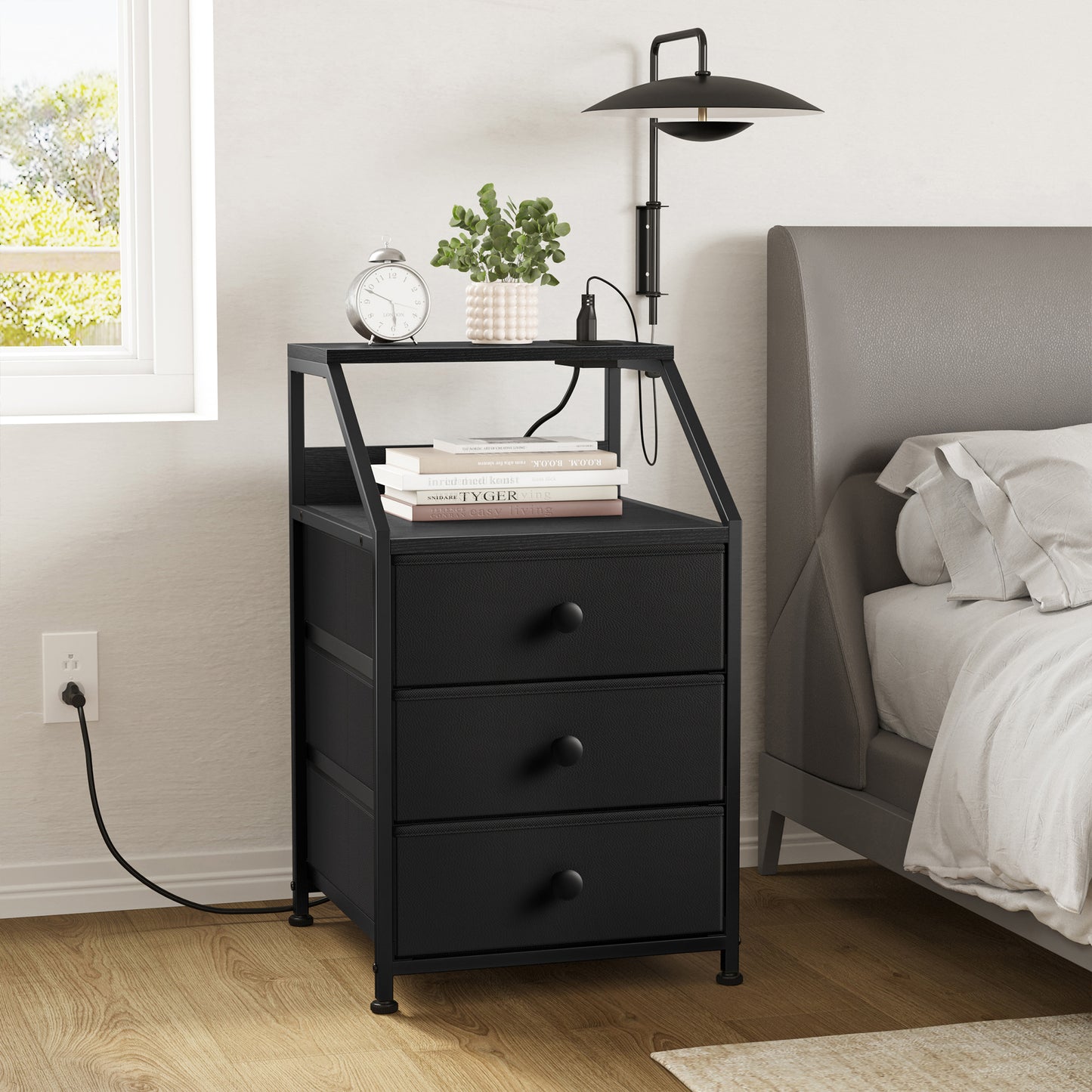 WOWLIVE Nightstands with 3 Drawers & Outlets, Bedside Tables with 2 USB Ports & 2-Tier Open Shelf