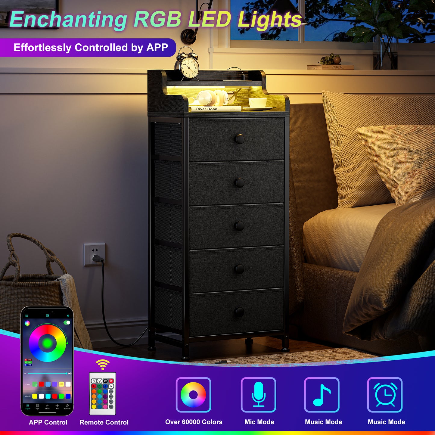 WOWLIVE 5 - Drawer Dresser With 2-Tier Open Shelf, Dresser With Power Outlet & LED, 40.2"H Dresser For Bedroom