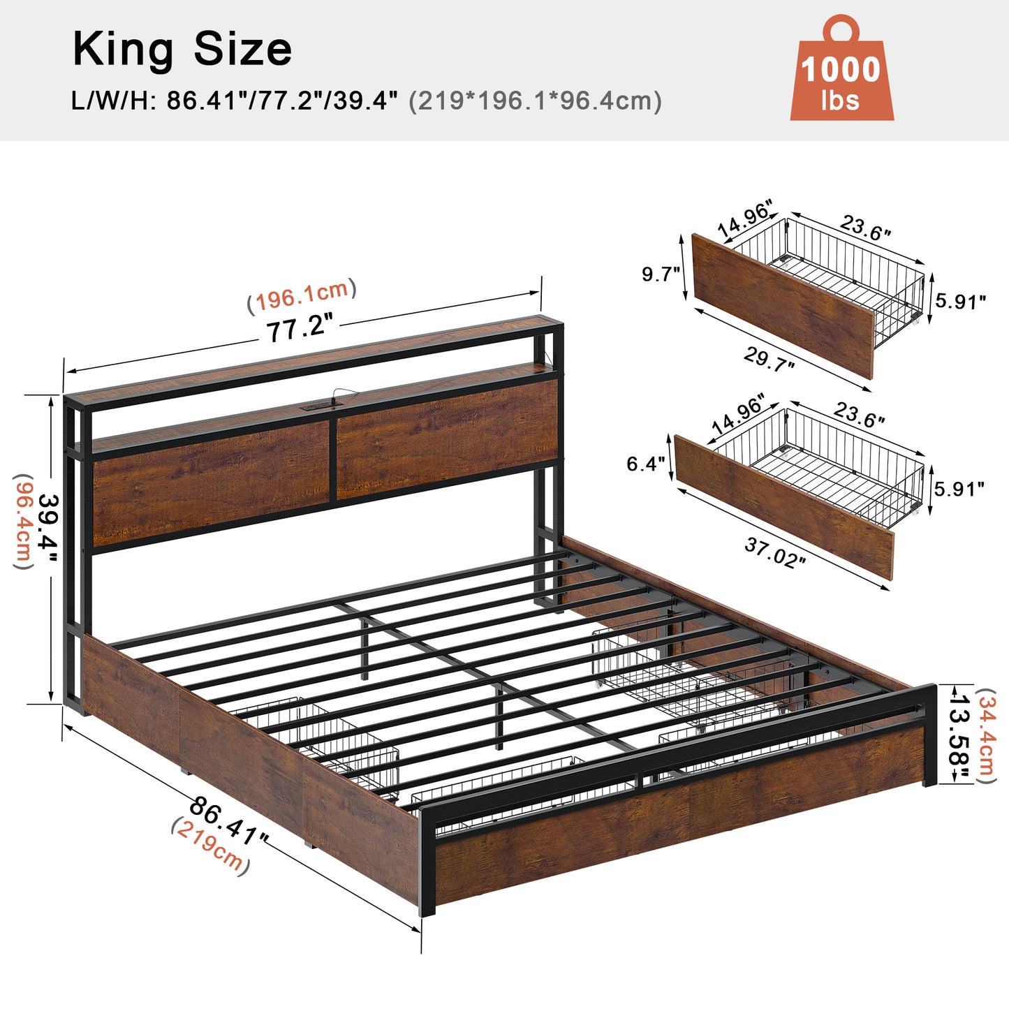 WOWLIVE Bed Frame with 4 Drawers, Modern bed with LED Light and Charging Station, Storage Headboard, No Spring Box Needed