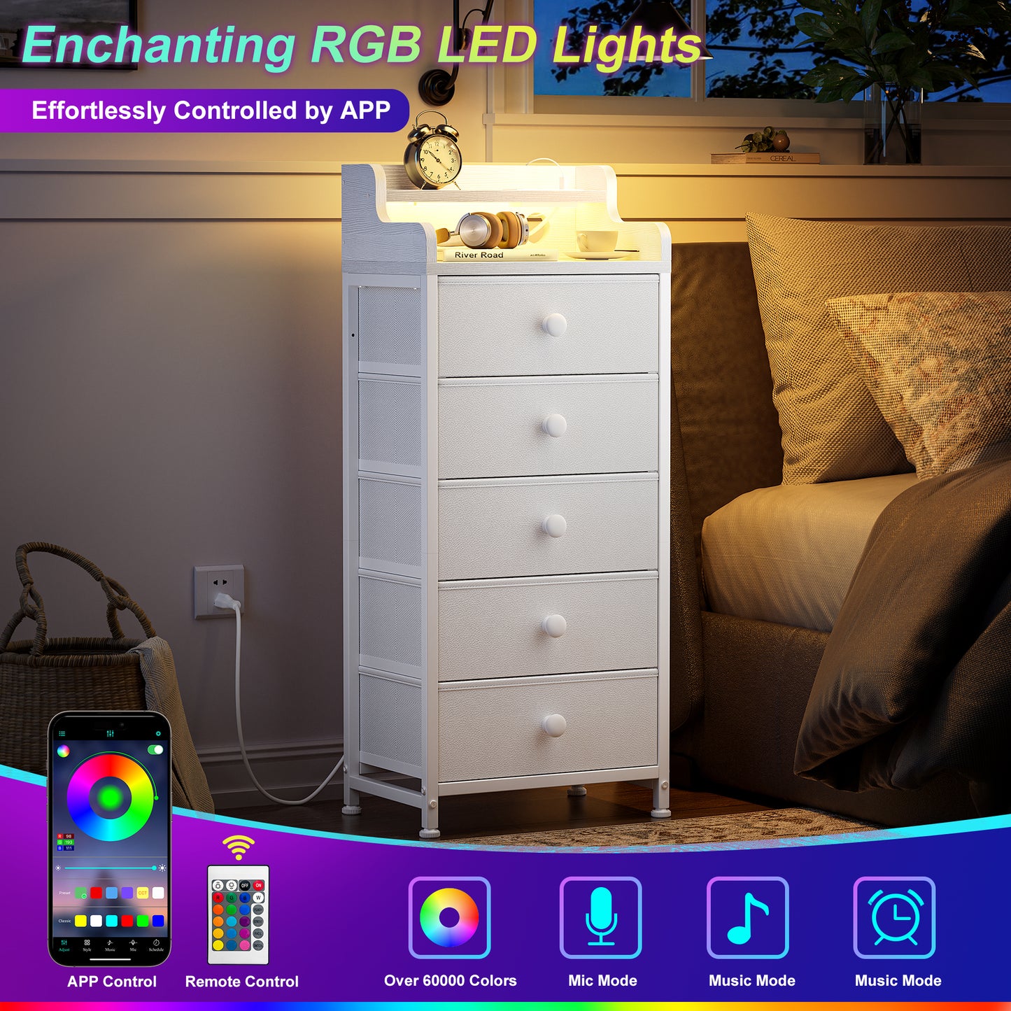 WOWLIVE 5 - Drawer Dresser With 2-Tier Open Shelf, Dresser With Power Outlet & LED, 40.2"H Dresser For Bedroom
