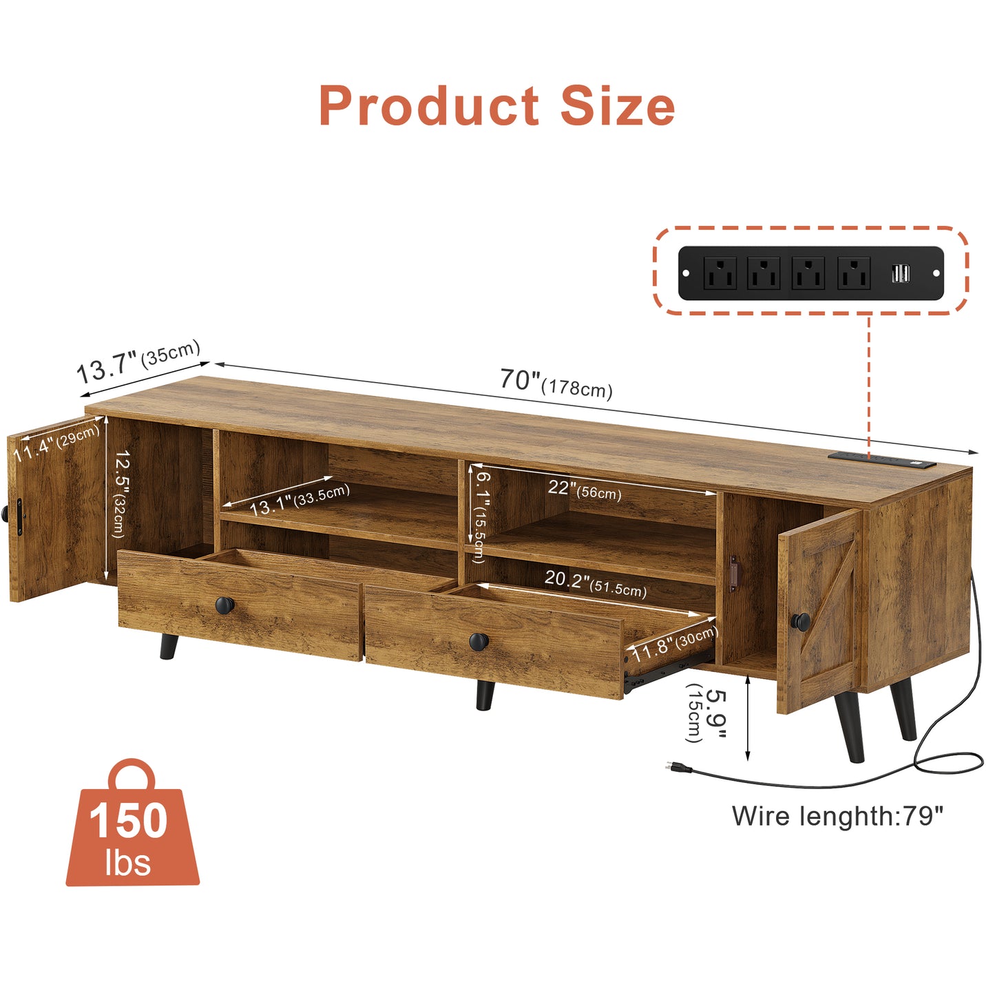 WOWLIVE 59"&70" LED Wood TV Stand with Power Outlets, Modern Entertainment Center for TVs