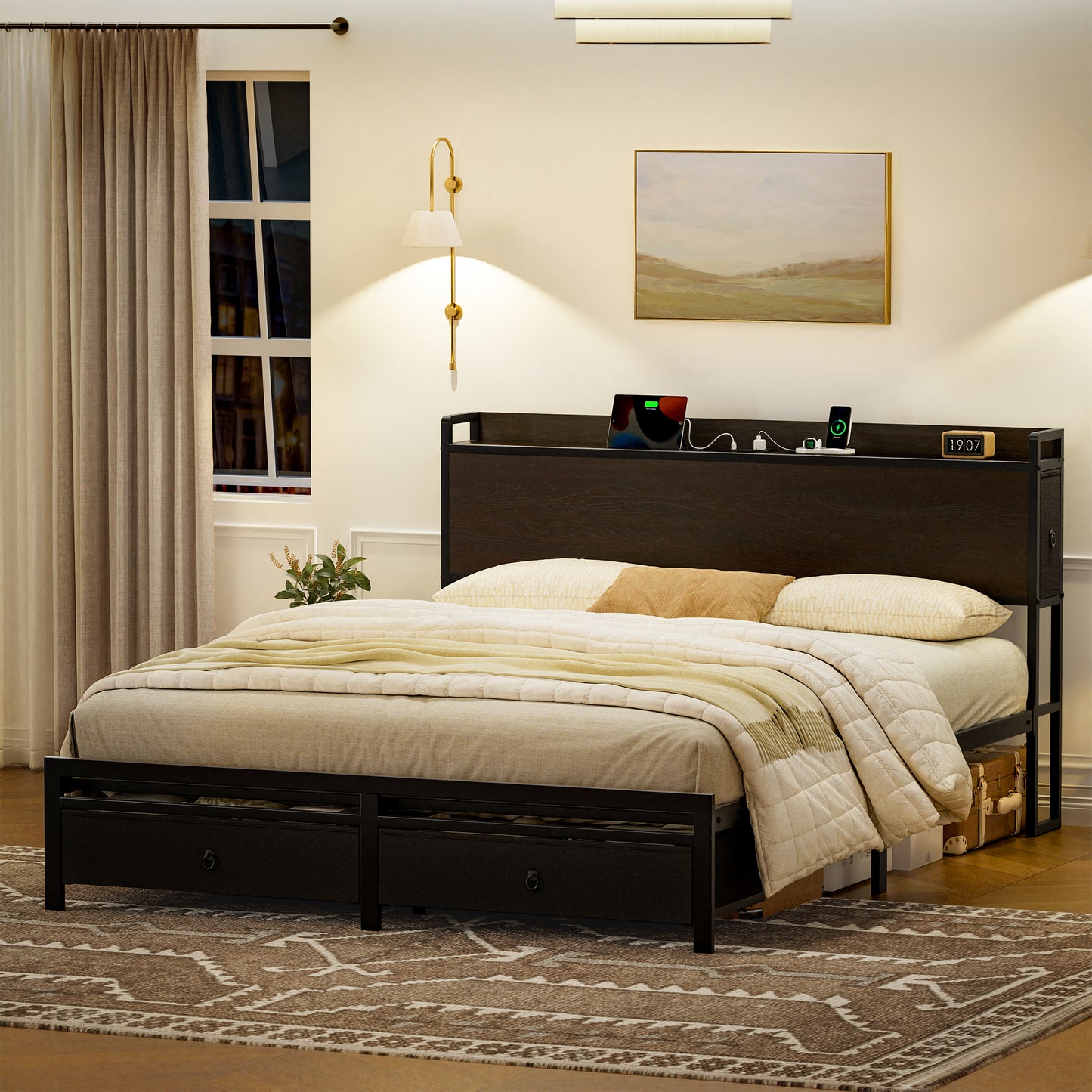 WOWLIVE Bed Frame with 2 Bedside Drawers & 2 Underbed Drawers, Storage Bed with Outlet & Open Shelf