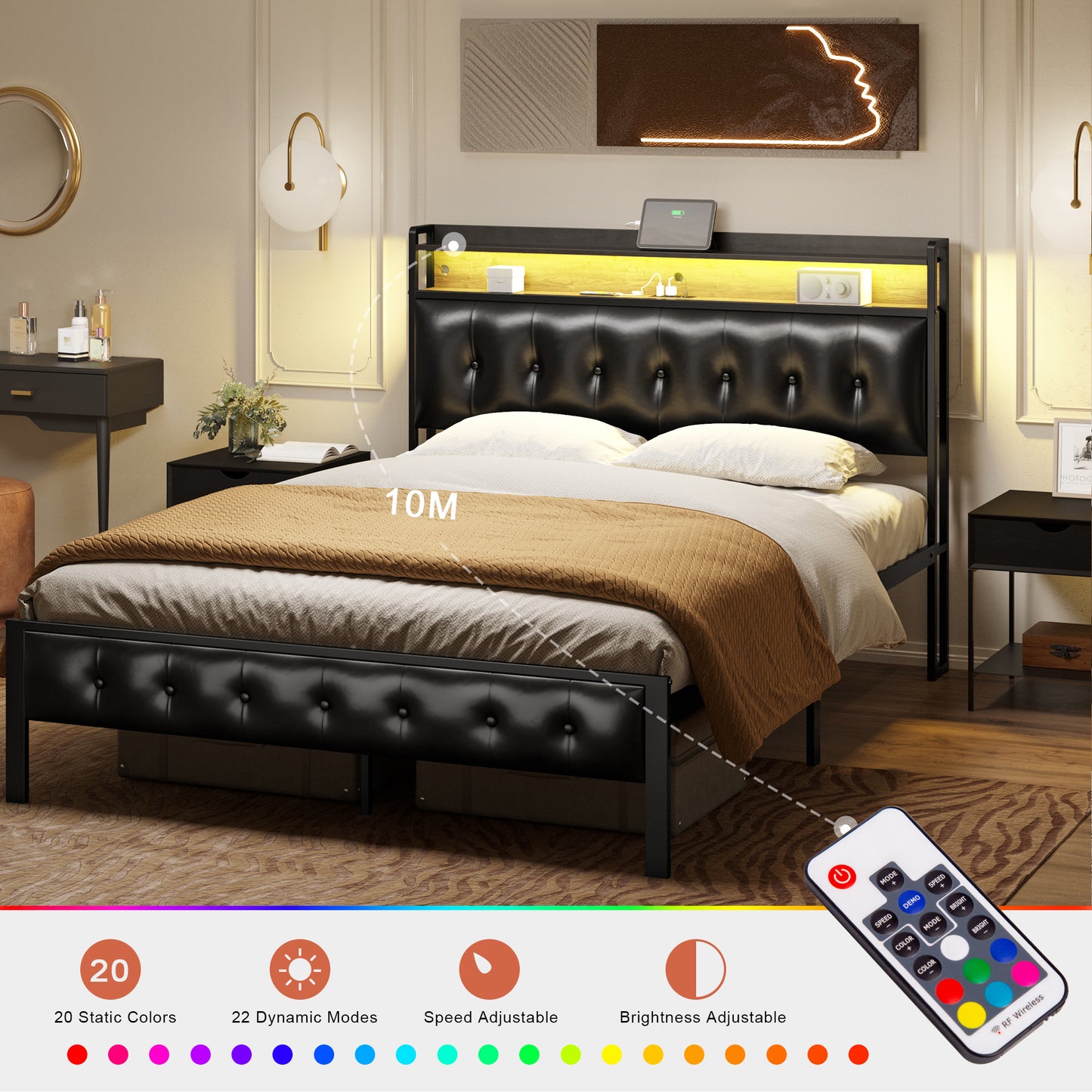 WOWLIVE Bed Frame with Storage Headboard, Metal Platform Bed Frame, Storage Bed with Charging Station and LED Light