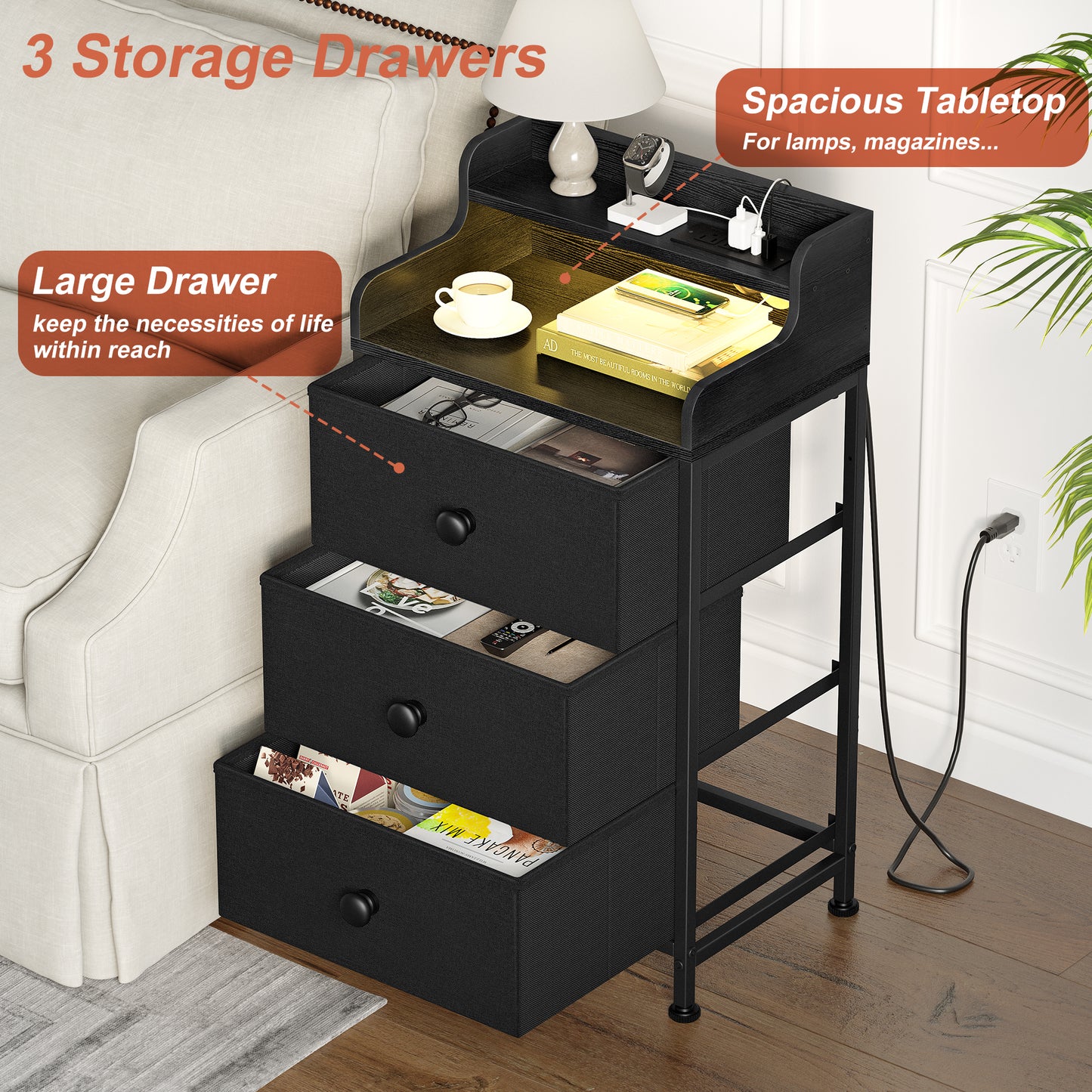 WOWLIVE Nightstand With 3 Drawers & 2-Tier Open Shelf, Bedside Table With LED& 2 USB Ports, Stable Metal Frame