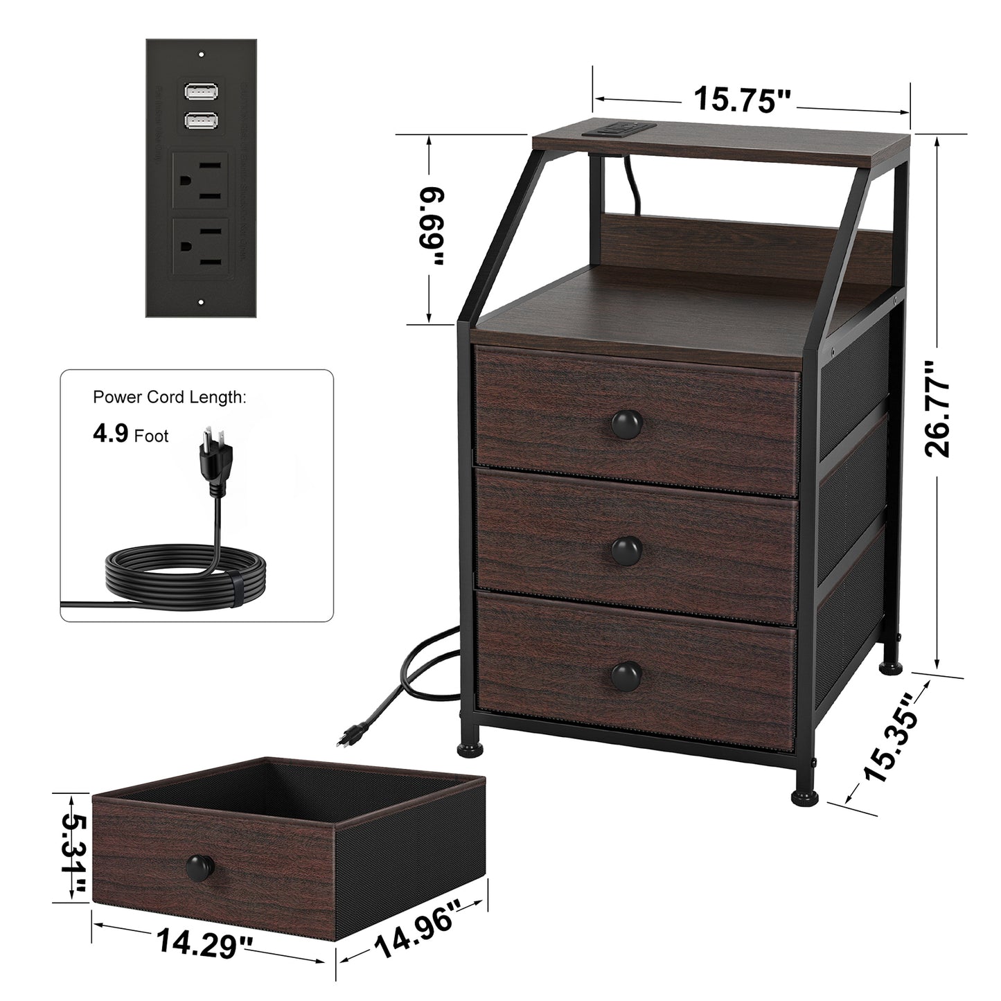 WOWLIVE Nightstands with 3 Drawers & Outlets, Bedside Tables with 2 USB Ports & 2-Tier Open Shelf