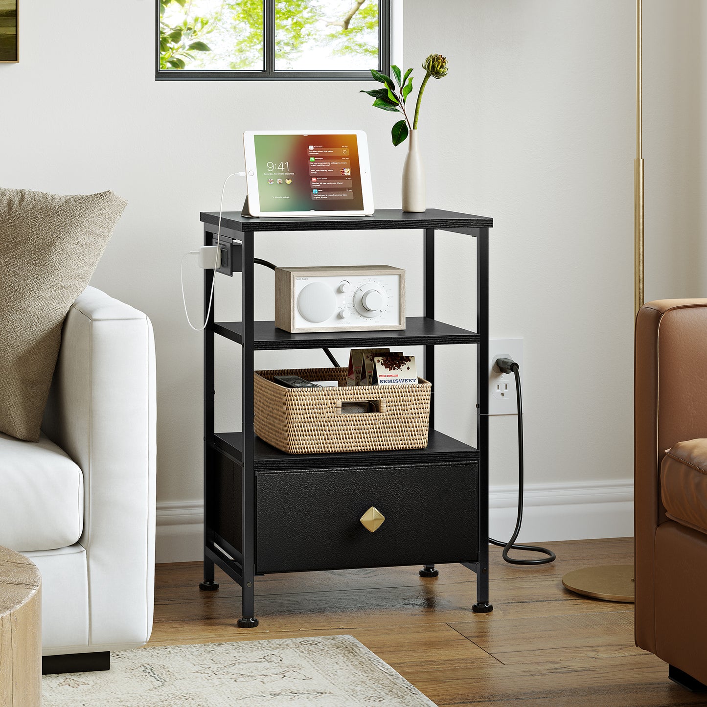 WOWLIVE 23.5in Nightstand with Drawer & Outlets, Modern Bedside Table