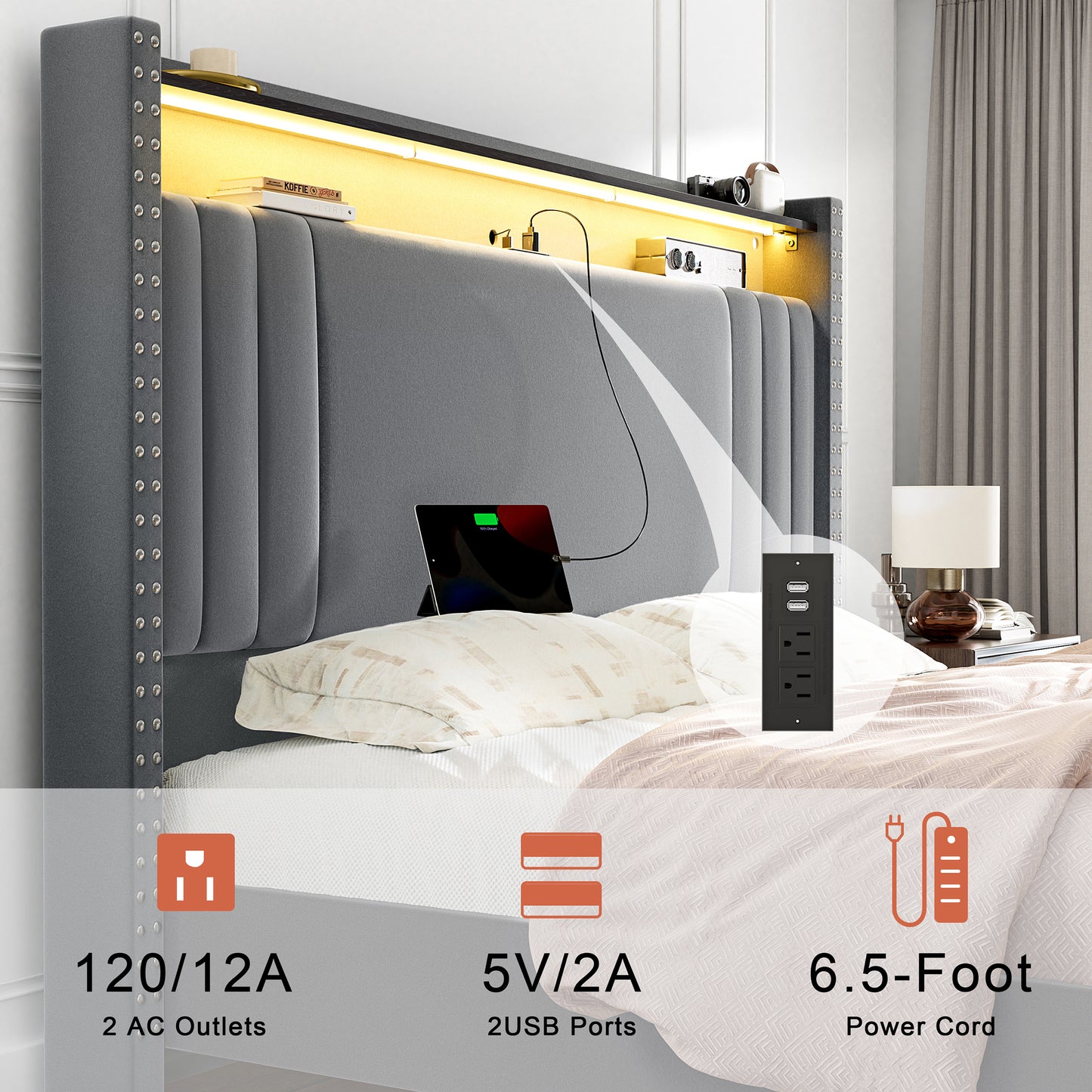 WOWLIVE Upholstered Wingback Bed with 52.12" High Storage Headboard, Modern Upholstered Bed Frame with Outlet & LED Light
