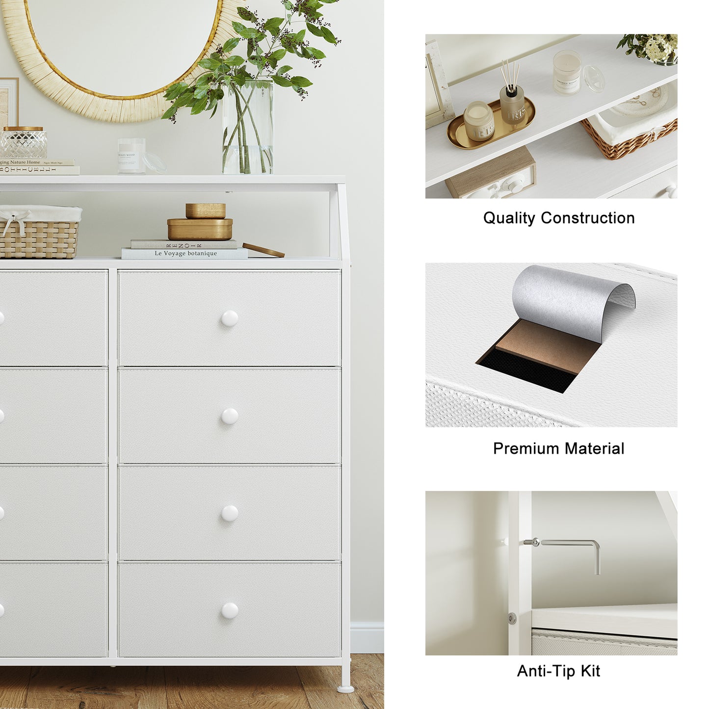 WOWLIVE 8 Drawer Dresser with 2-Tier Open Shelf, Double Chest of Drawer