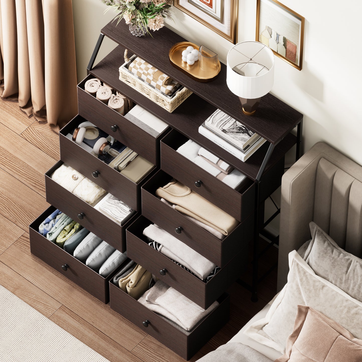 WOWLIVE 8 Drawer Dresser with 2-Tier Open Shelf, Double Chest of Drawer