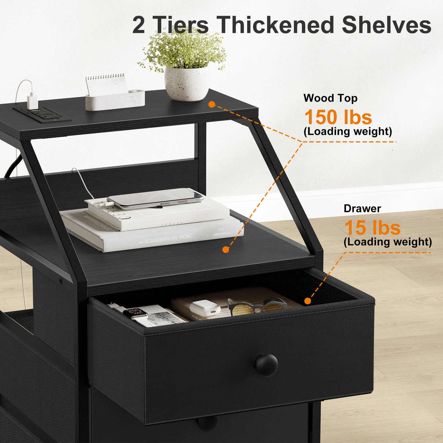 WOWLIVE Nightstands with 3 Drawers & Outlets, Bedside Tables with 2 USB Ports & 2-Tier Open Shelf