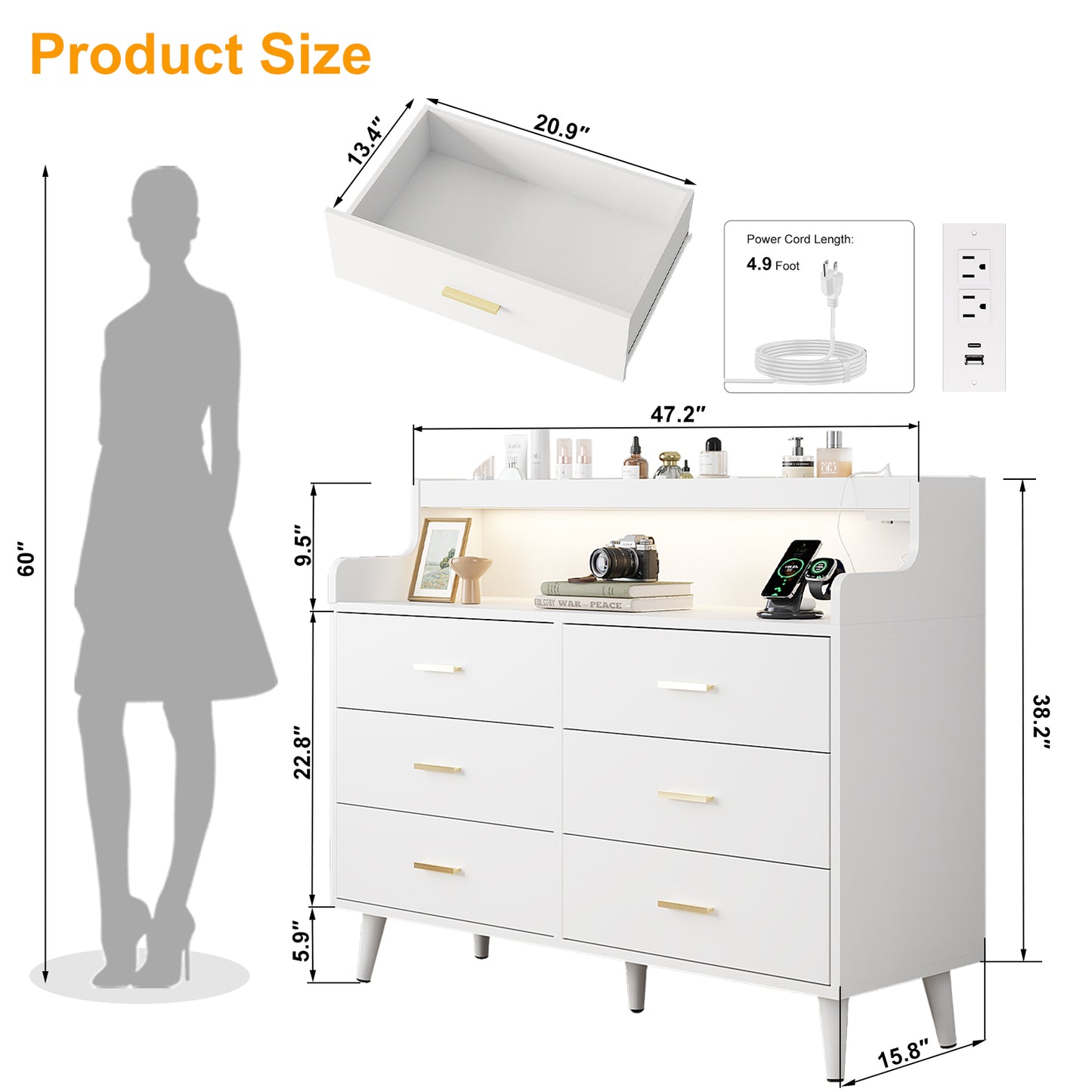 WOWLIVE 6 Drawer Dresser with 2-Tier Open Shelf, Wooden Dresser with Power Outlet & LED Lights, Chest of Drawers Dresser for Bedroom