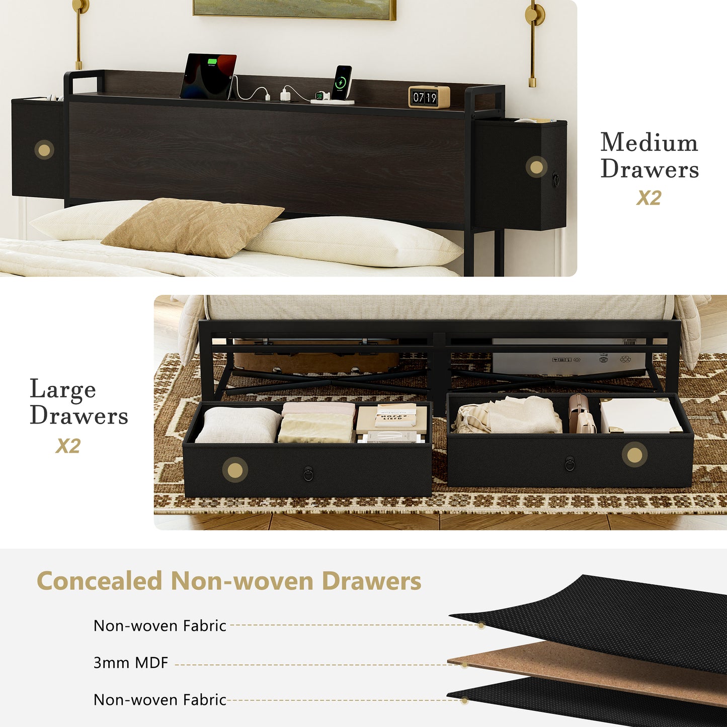 WOWLIVE Bed Frame with 2 Bedside Drawers & 2 Underbed Drawers, Storage Bed with Outlet & Open Shelf