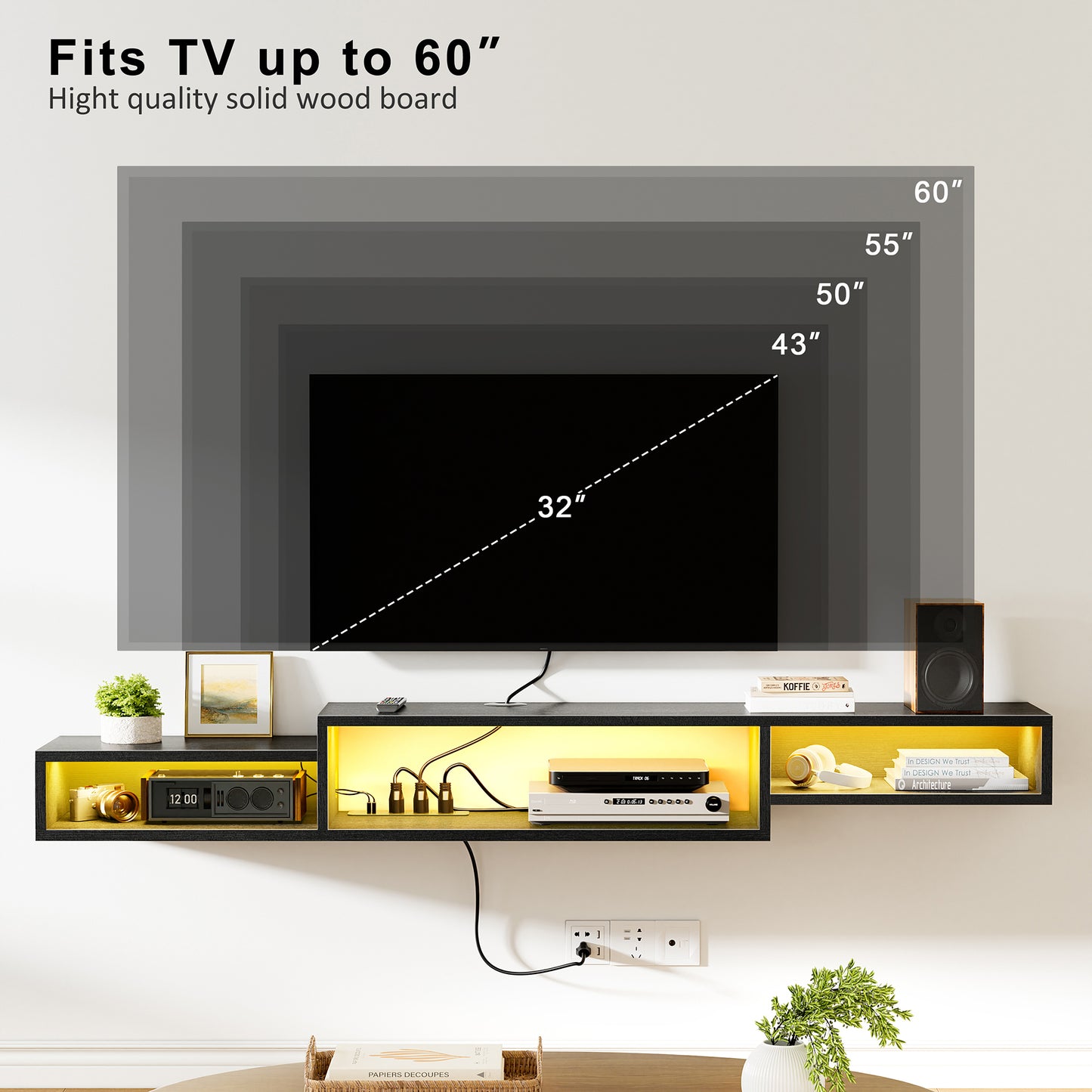 WOWLIVE 60" Floating TV Stand with Electrical Outlets, Media Center