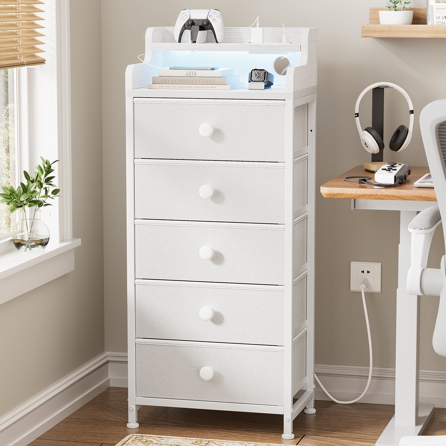 WOWLIVE 5 - Drawer Dresser With 2-Tier Open Shelf, Dresser With Power Outlet & LED, 40.2"H Dresser For Bedroom