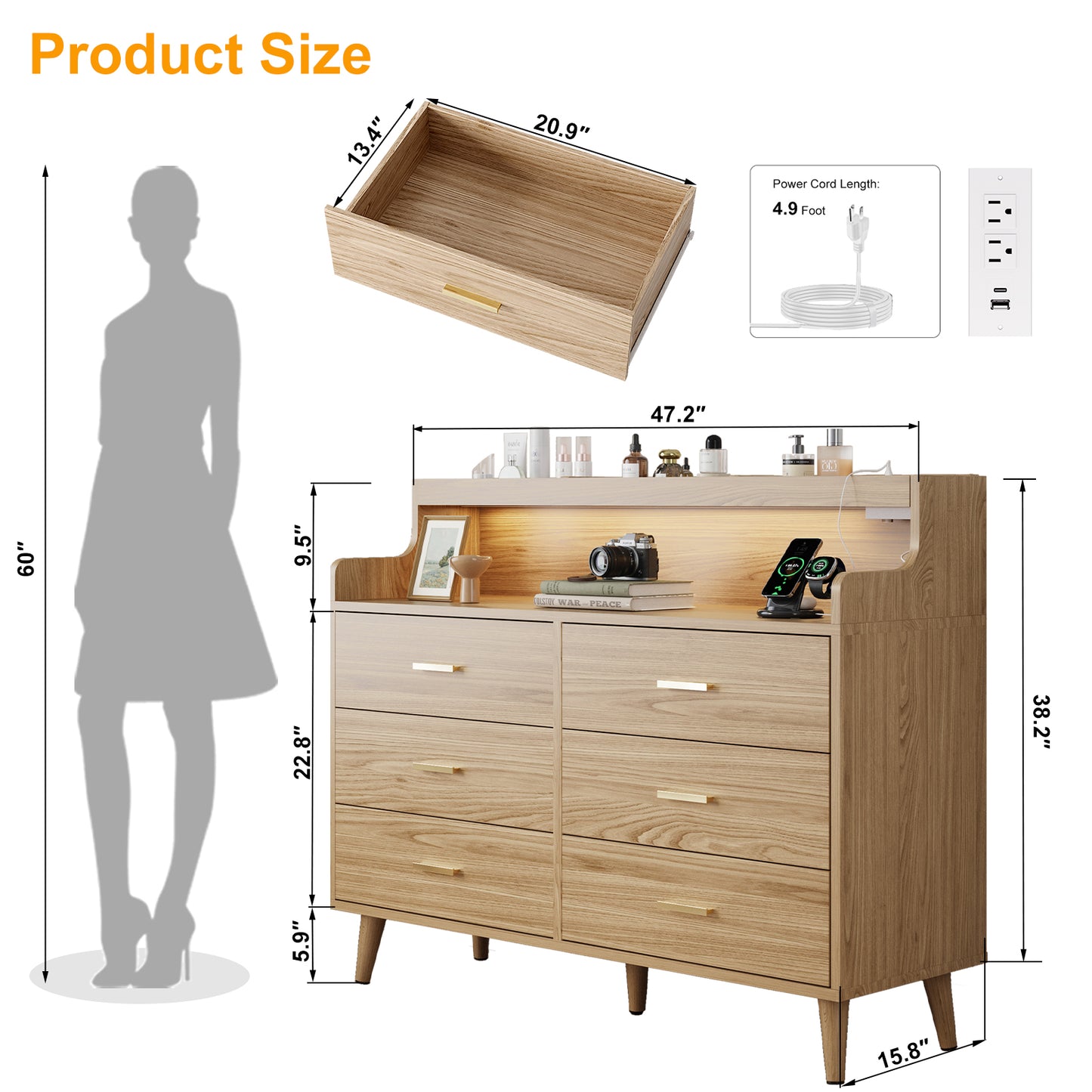 WOWLIVE 6 Drawer Dresser with 2-Tier Open Shelf, Wooden Dresser with Power Outlet & LED Lights, Chest of Drawers Dresser for Bedroom