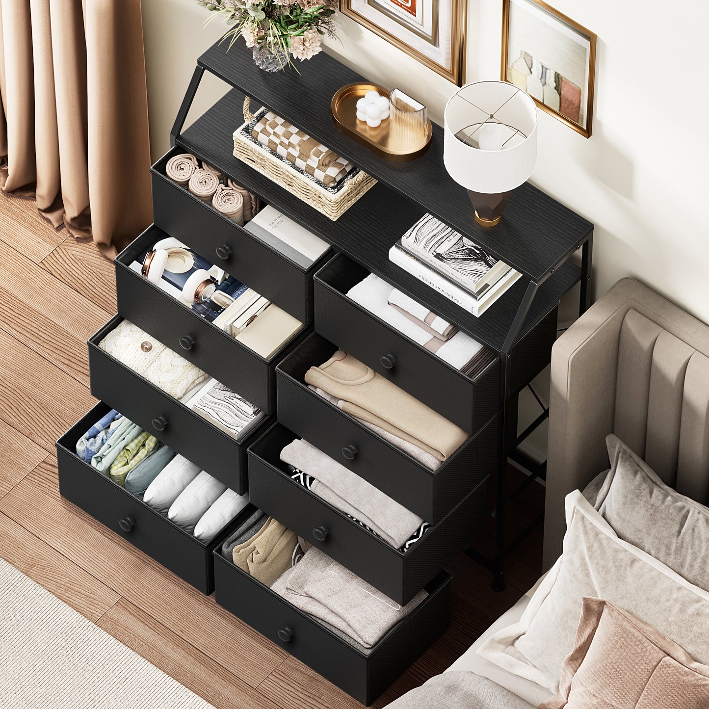 WOWLIVE 8 Drawer Dresser with 2-Tier Open Shelf, Double Chest of Drawer