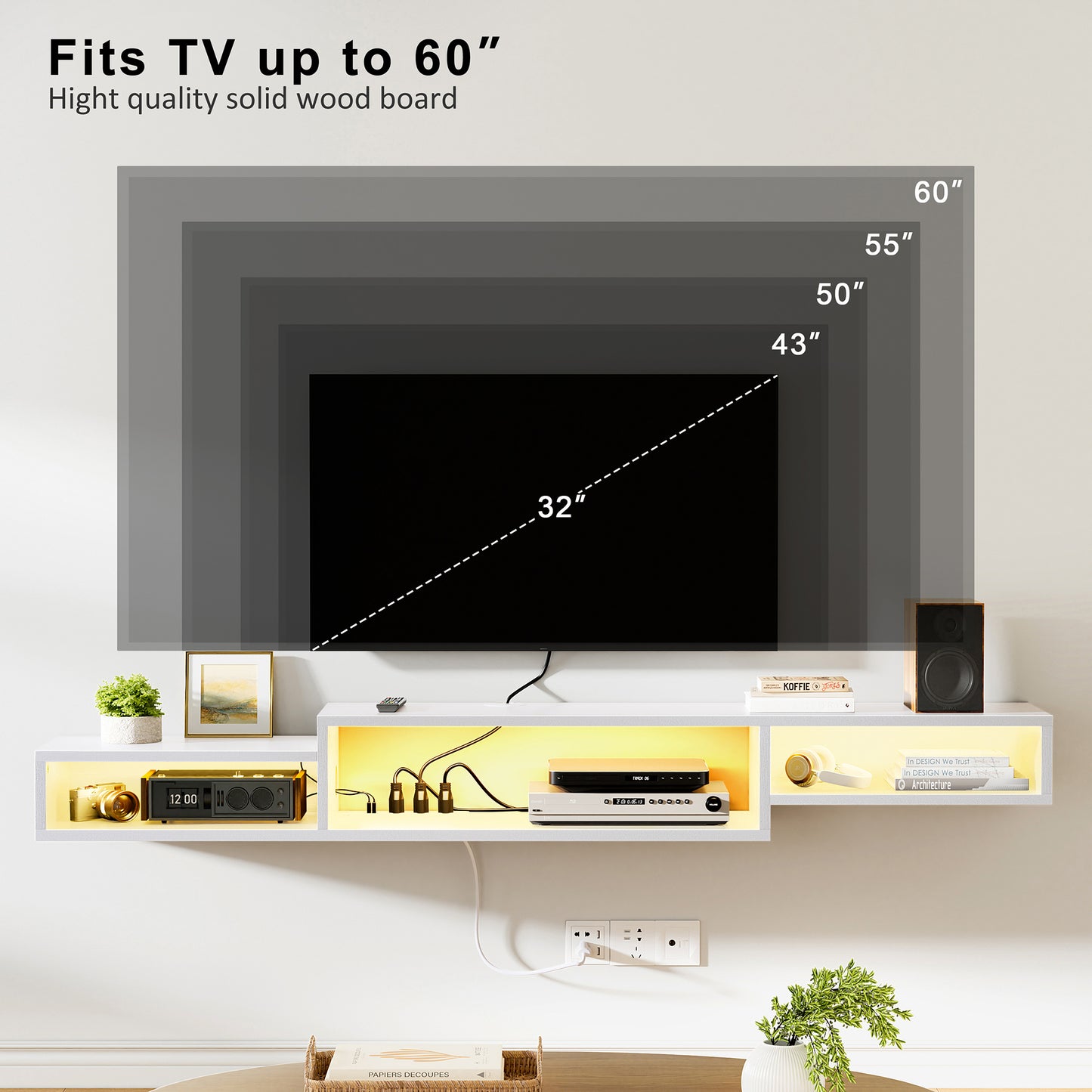 WOWLIVE 60" Floating TV Stand with Electrical Outlets, Media Center