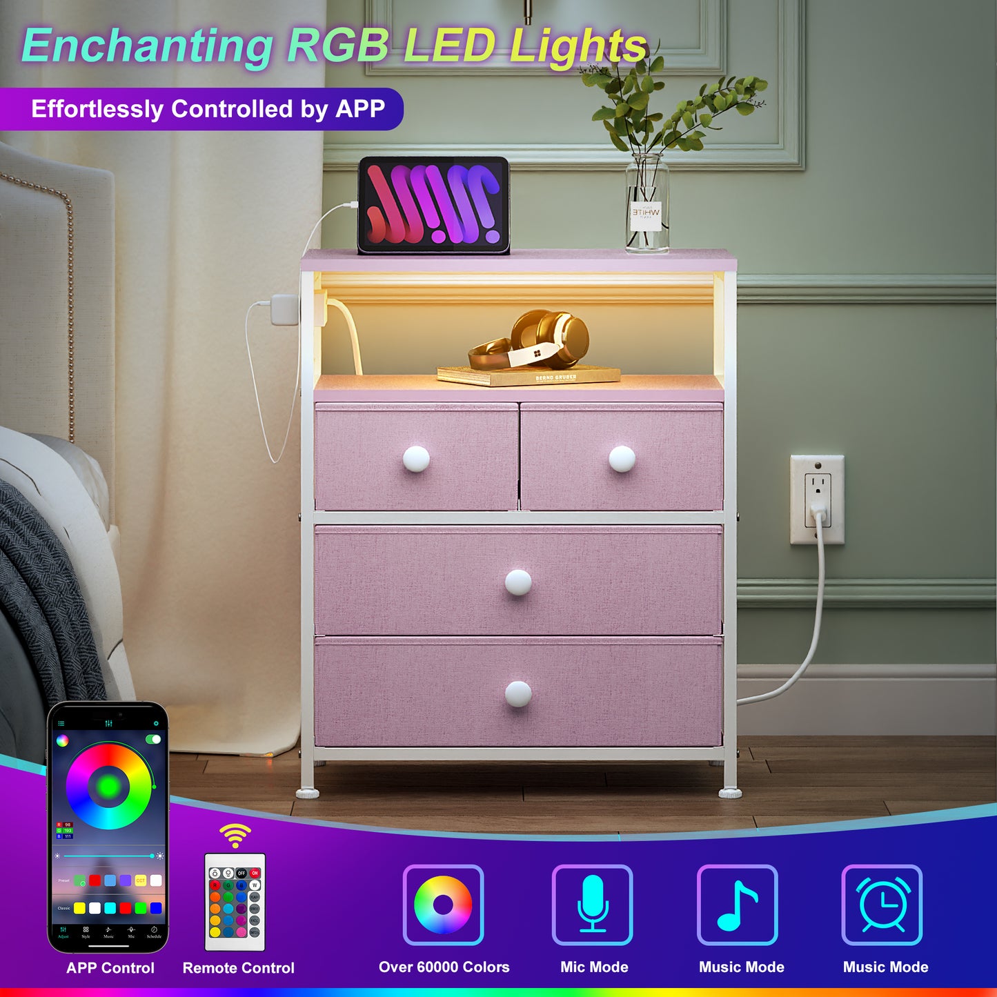 WOWLIVE Nightstand with 4 Drawers & Outlet, Bedside Table with LED Lights & 2-Tier wooden Shelf