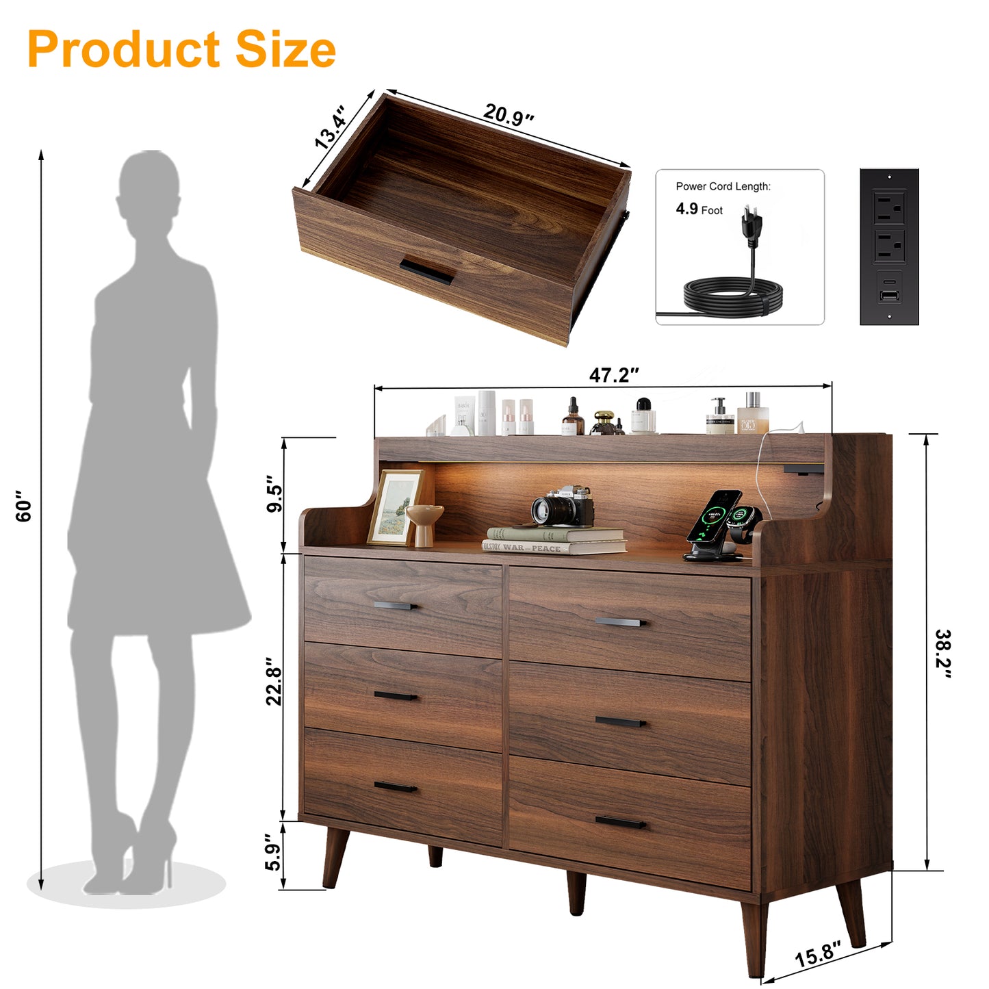 WOWLIVE 6 Drawer Dresser with 2-Tier Open Shelf, Wooden Dresser with Power Outlet & LED Lights, Chest of Drawers Dresser for Bedroom