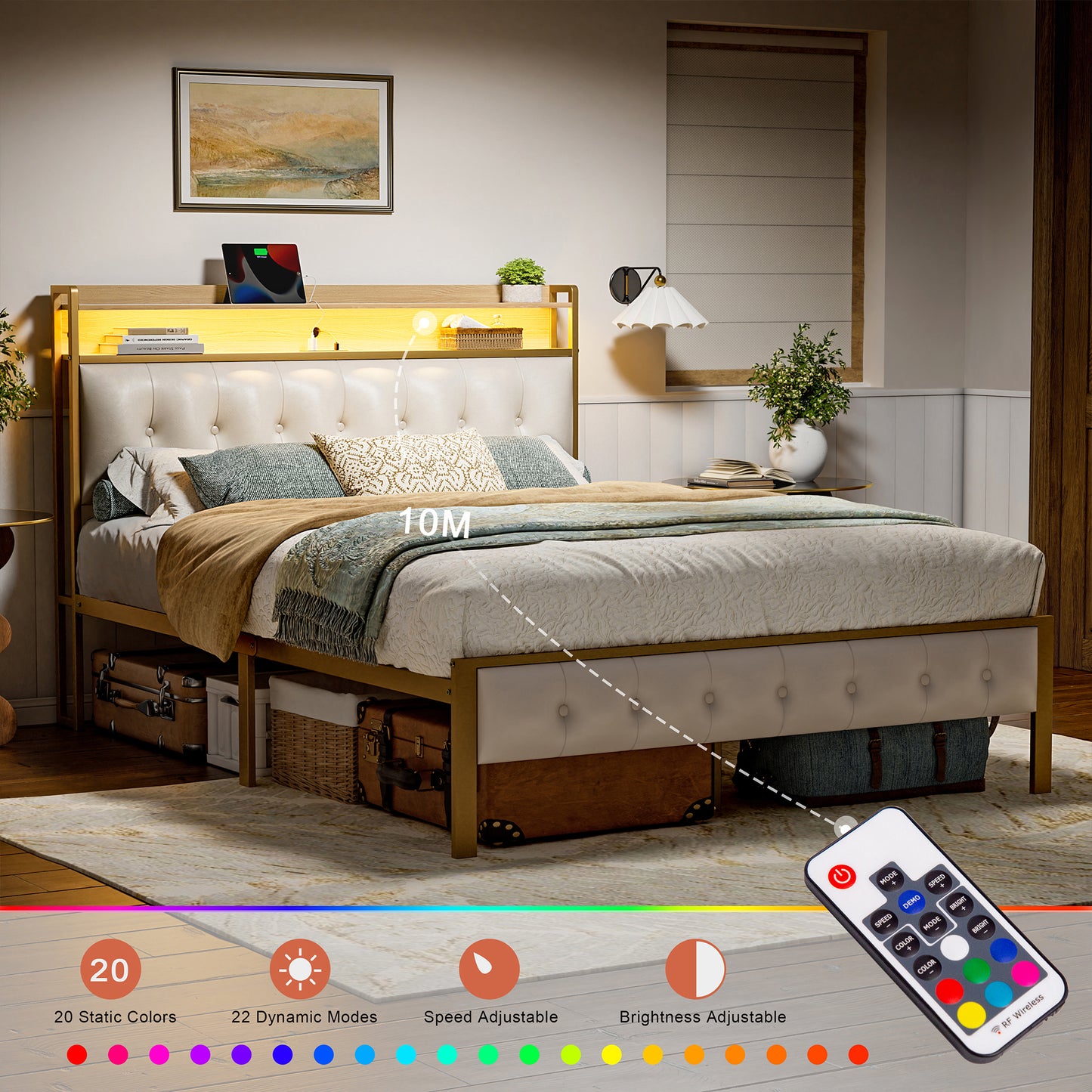 WOWLIVE Bed Frame with Storage Headboard, Metal Platform Bed Frame, Storage Bed with Charging Station and LED Light