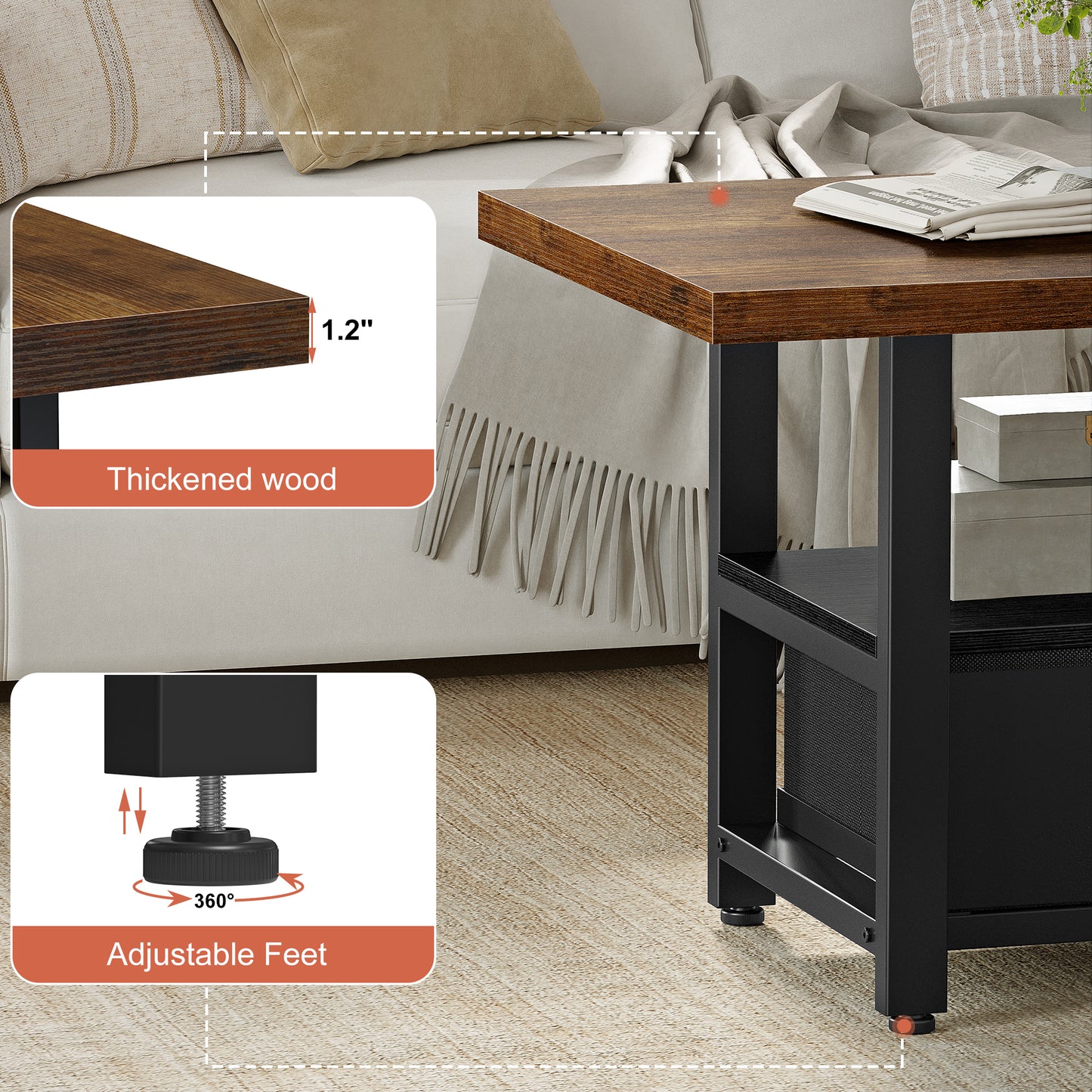 WOWLIVE Farmhouse Wood Coffee Table, Small Cocktail Table with 2 Drawers