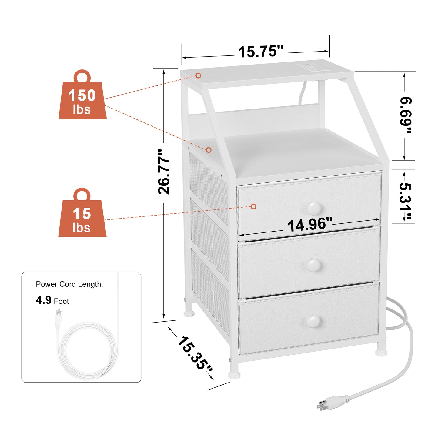 WOWLIVE Nightstands with 3 Drawers & Outlets, Bedside Tables with 2 USB Ports & 2-Tier Open Shelf