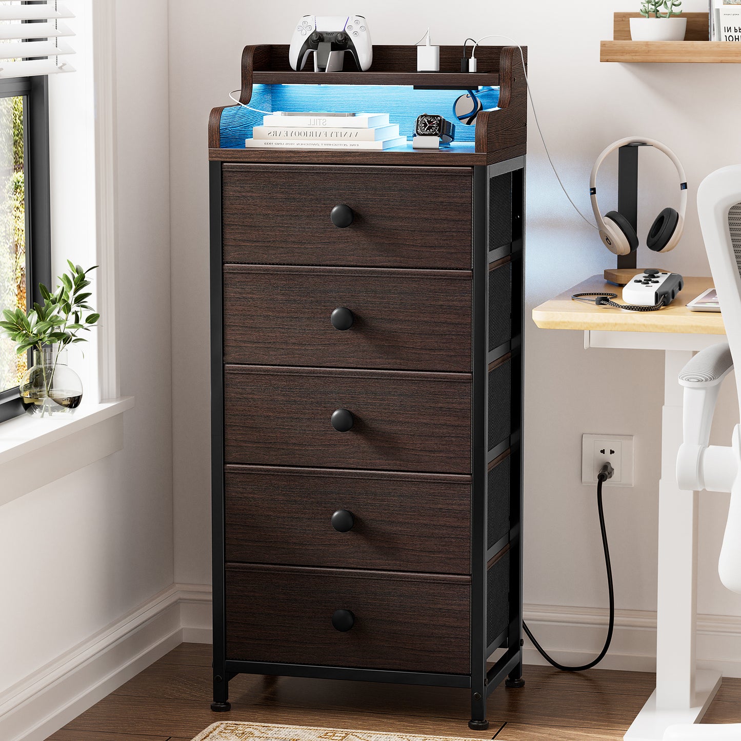 WOWLIVE 5 - Drawer Dresser With 2-Tier Open Shelf, Dresser With Power Outlet & LED, 40.2"H Dresser For Bedroom